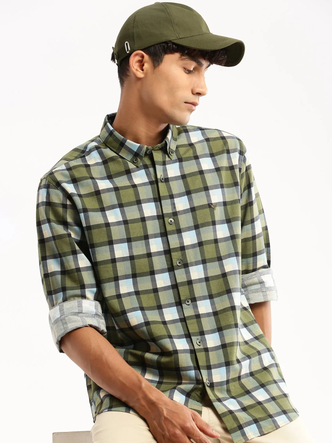 Men Green Spread Collar Tartan Checks Shirt