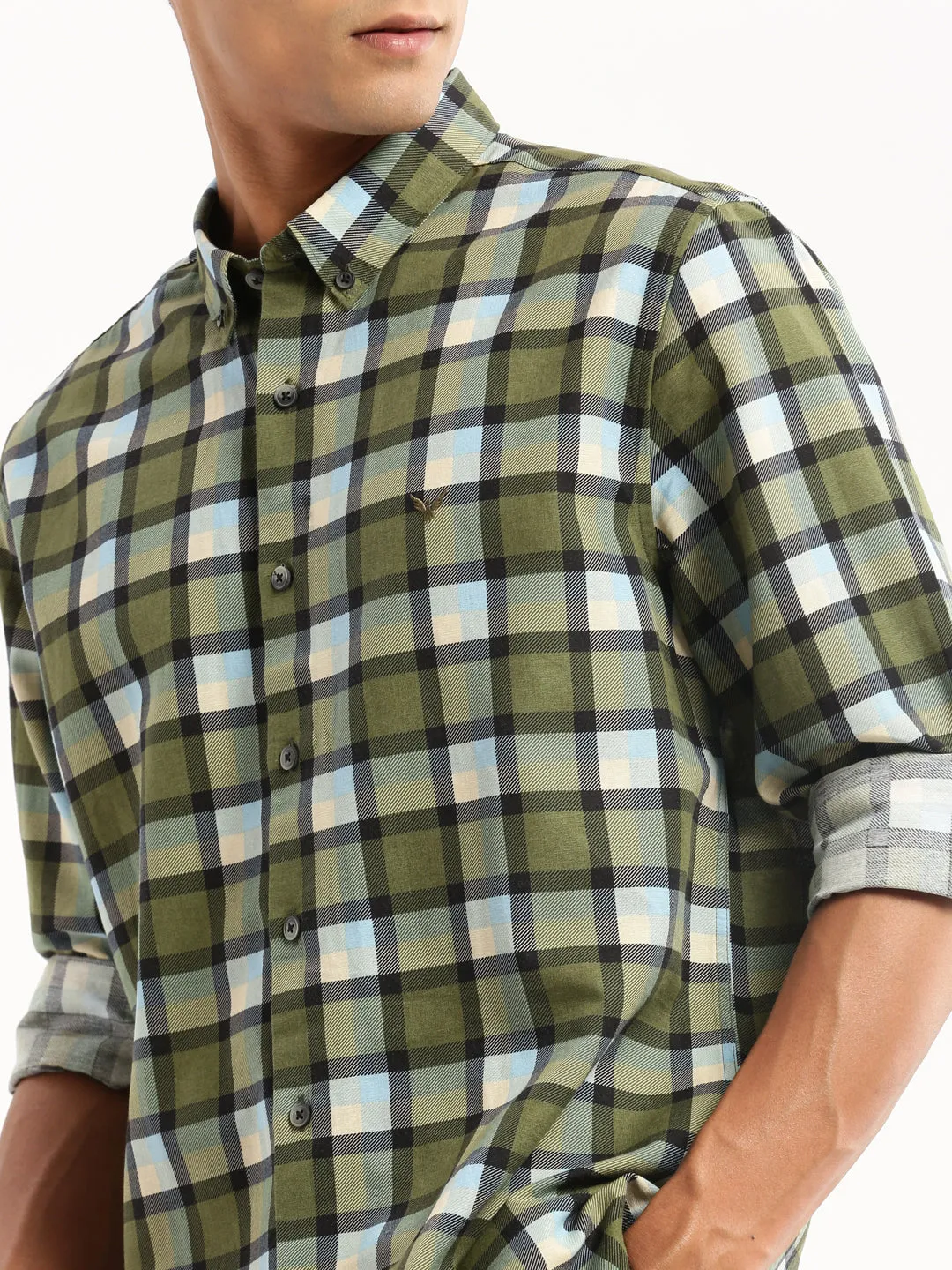 Men Green Spread Collar Tartan Checks Shirt