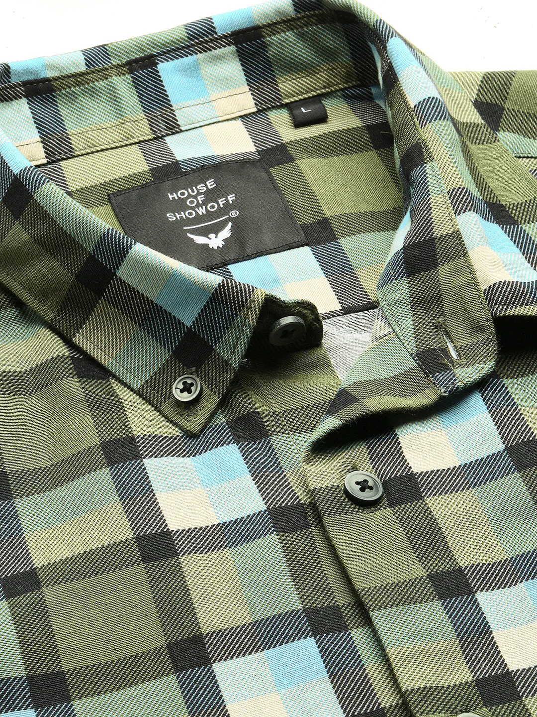 Men Green Spread Collar Tartan Checks Shirt