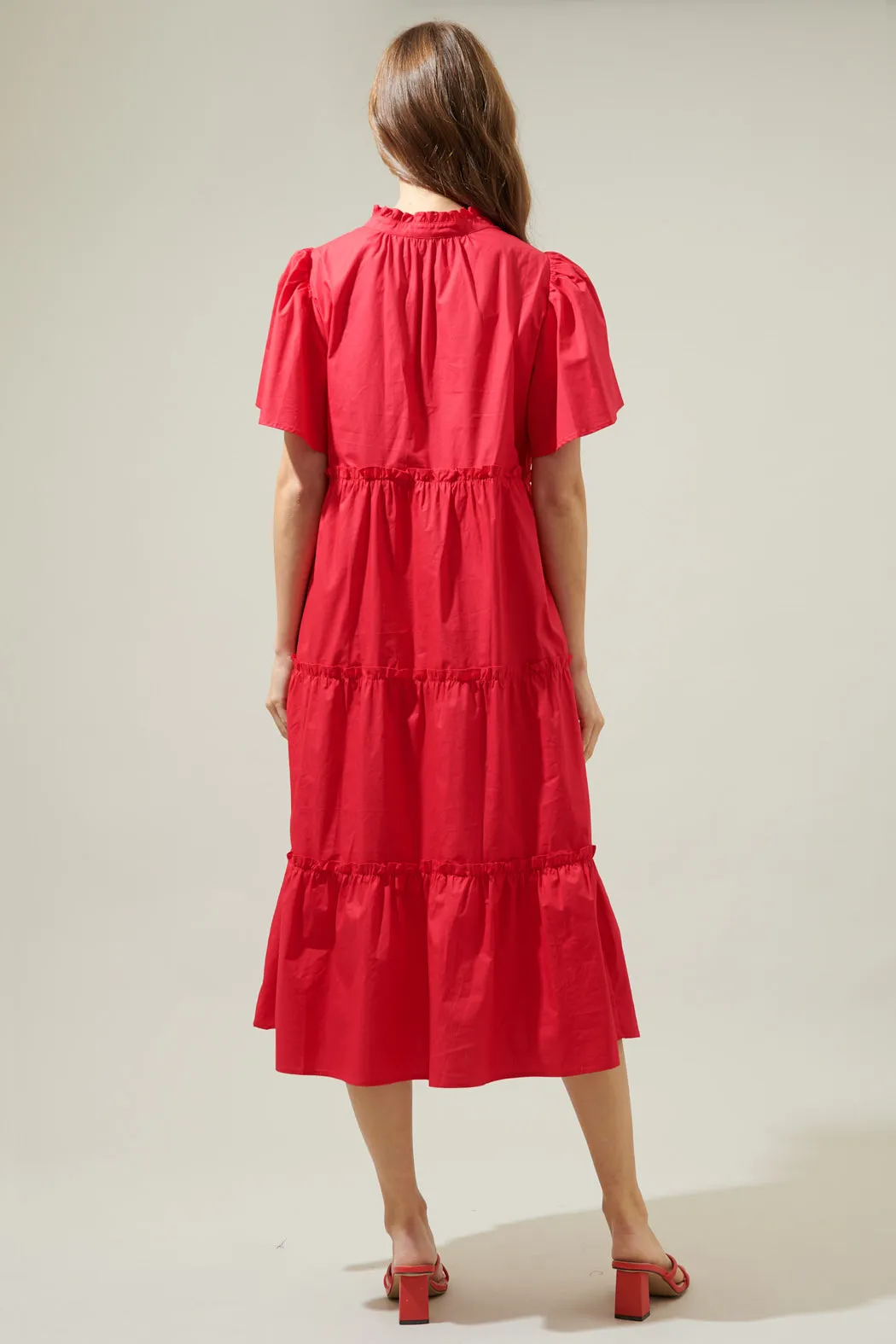 Noelle Split Neck Poplin Tiered Midi Dress