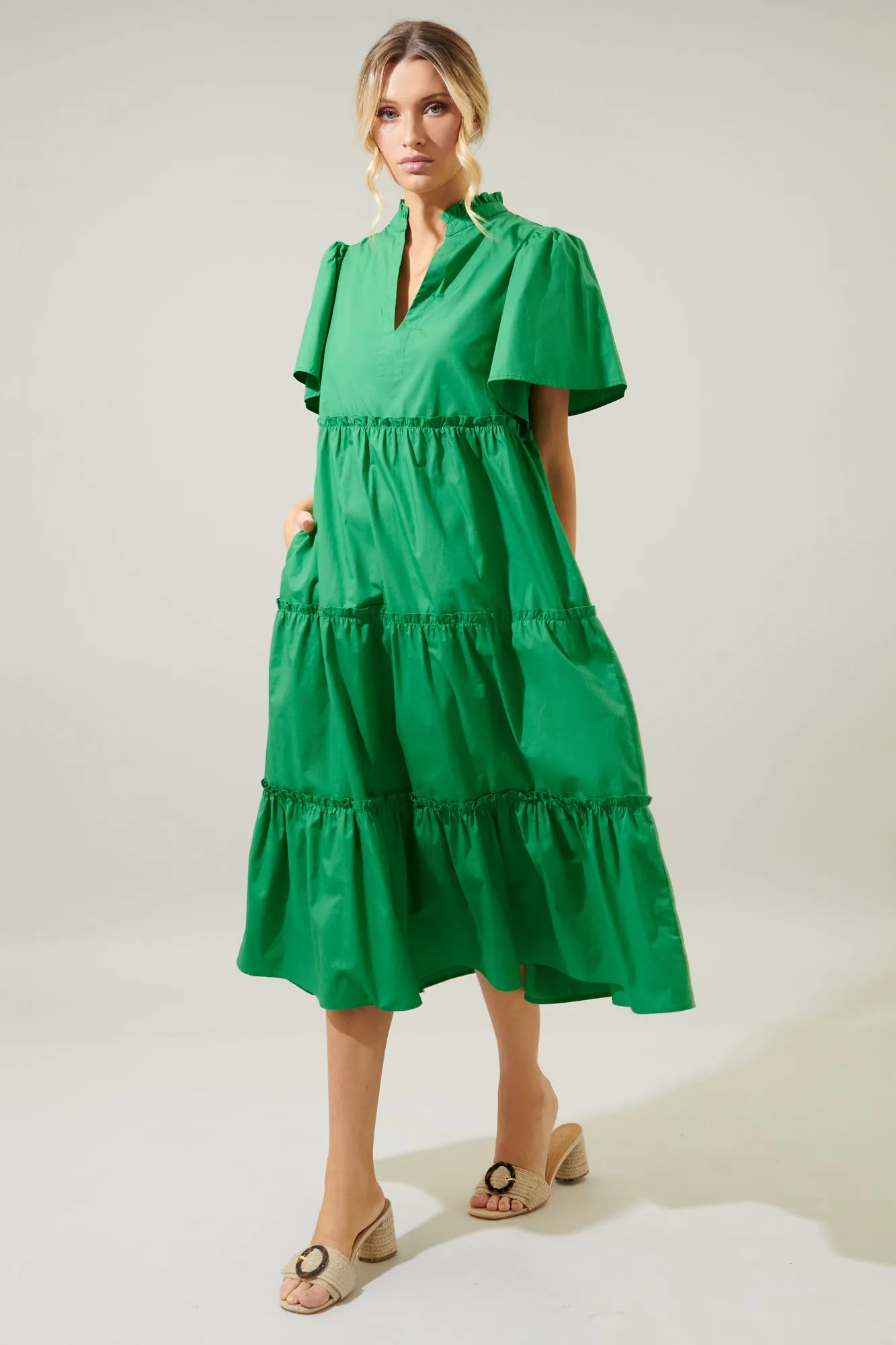 Noelle Split Neck Poplin Tiered Midi Dress