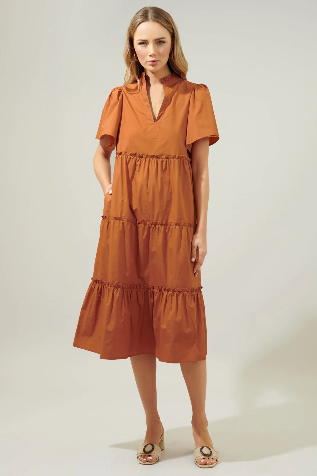 Noelle Split Neck Poplin Tiered Midi Dress