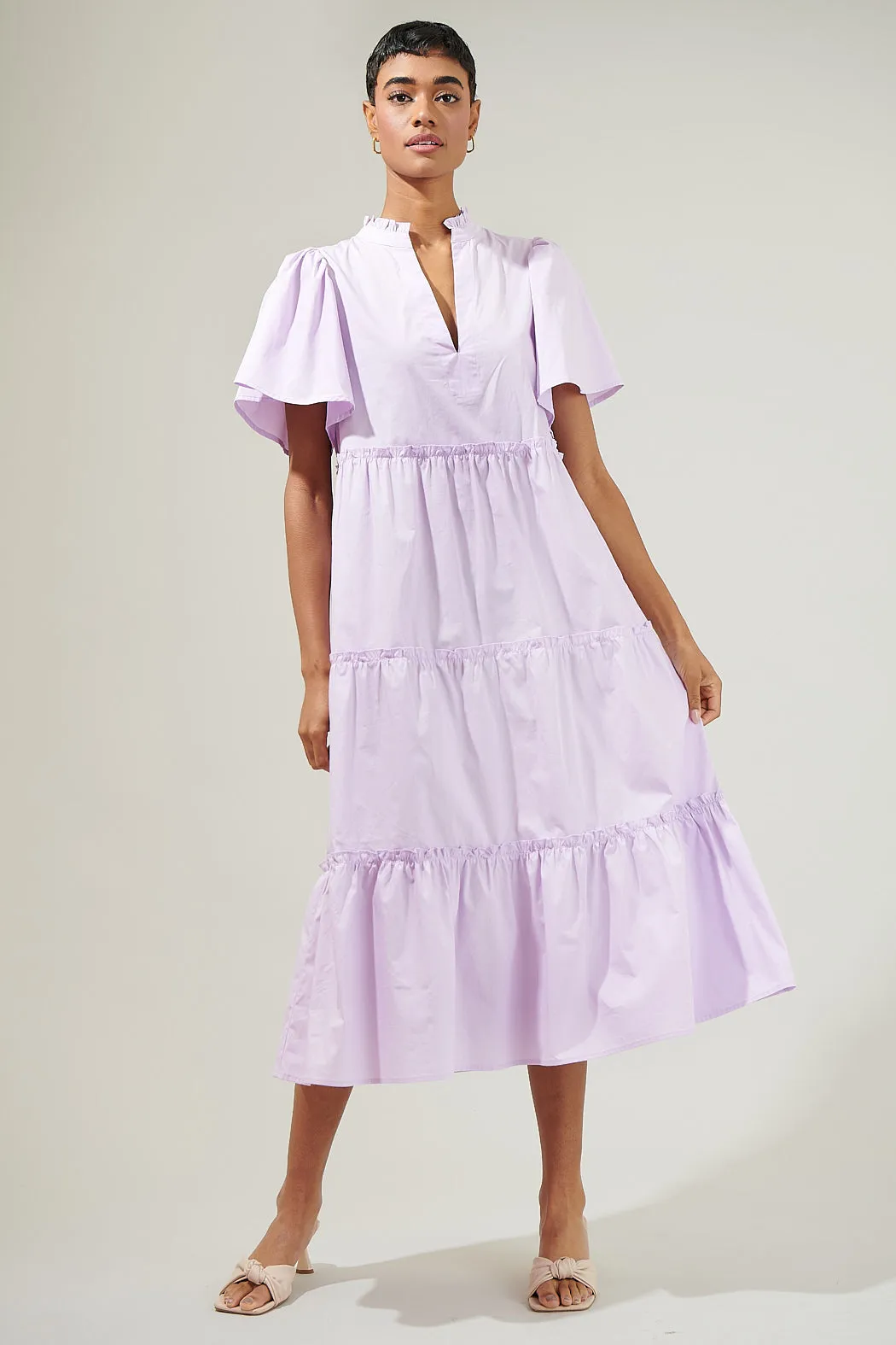 Noelle Split Neck Poplin Tiered Midi Dress