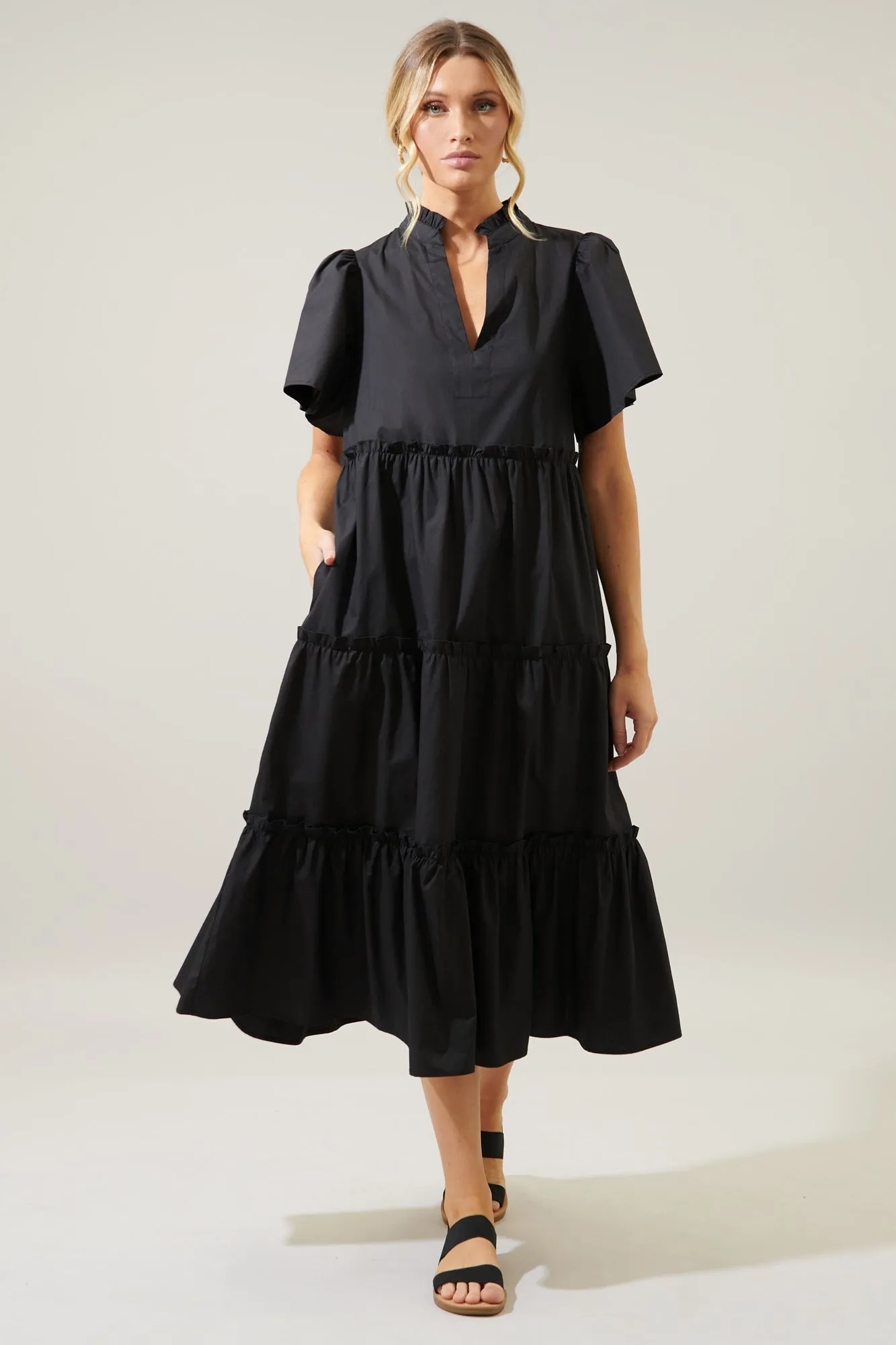 Noelle Split Neck Poplin Tiered Midi Dress