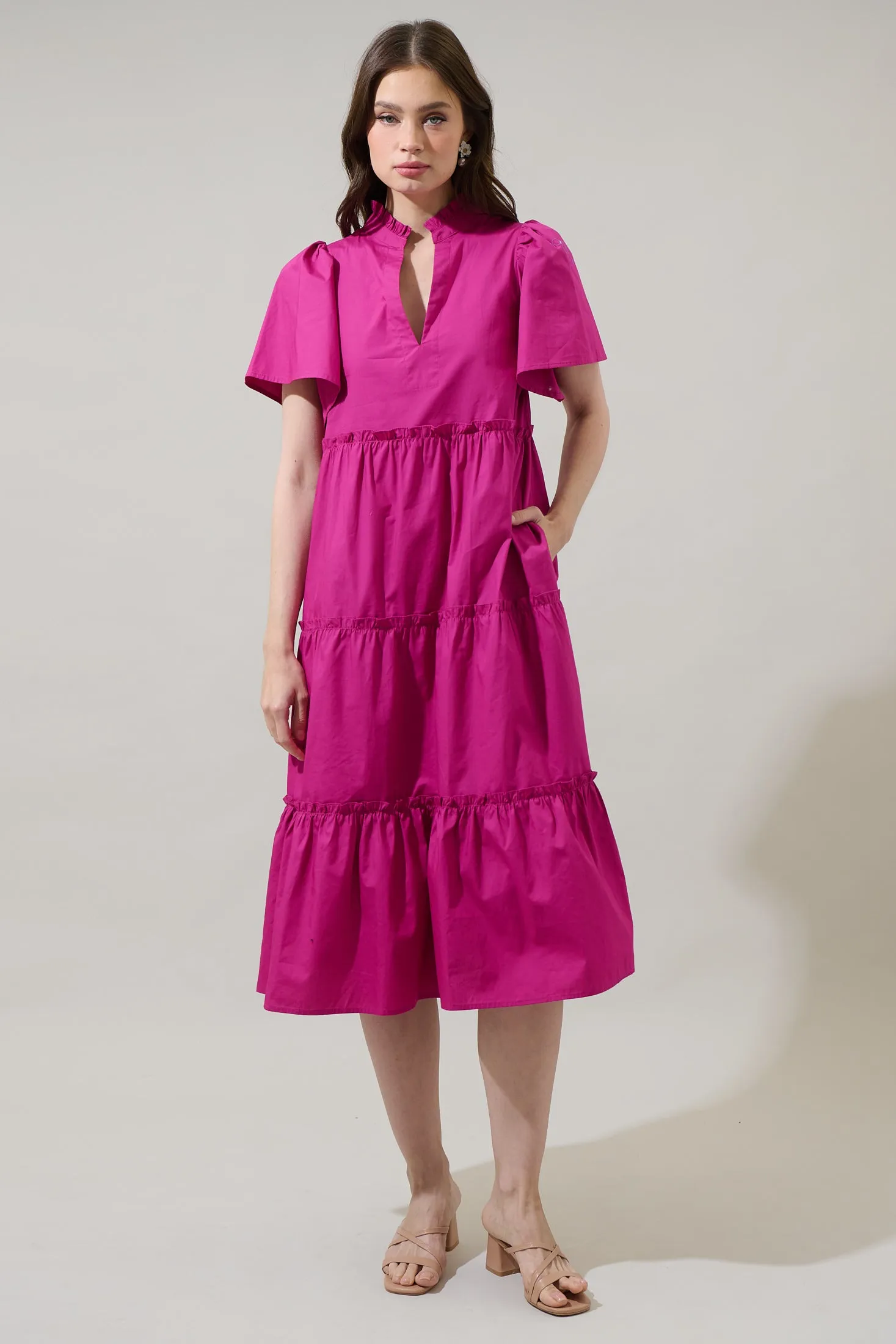 Noelle Split Neck Poplin Tiered Midi Dress