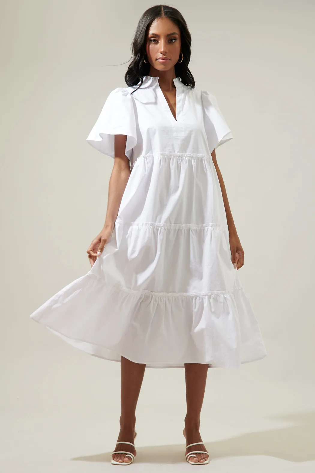 Noelle Split Neck Poplin Tiered Midi Dress