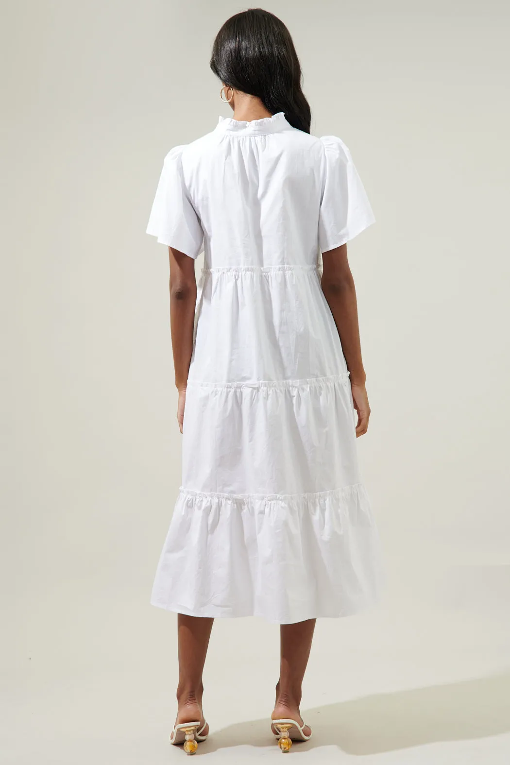 Noelle Split Neck Poplin Tiered Midi Dress