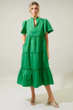 Noelle Split Neck Poplin Tiered Midi Dress