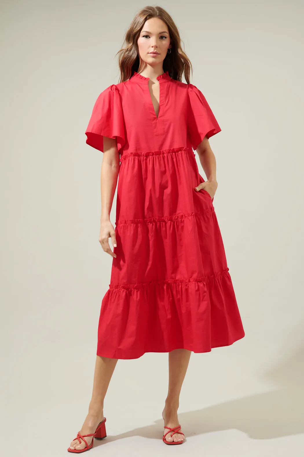 Noelle Split Neck Poplin Tiered Midi Dress