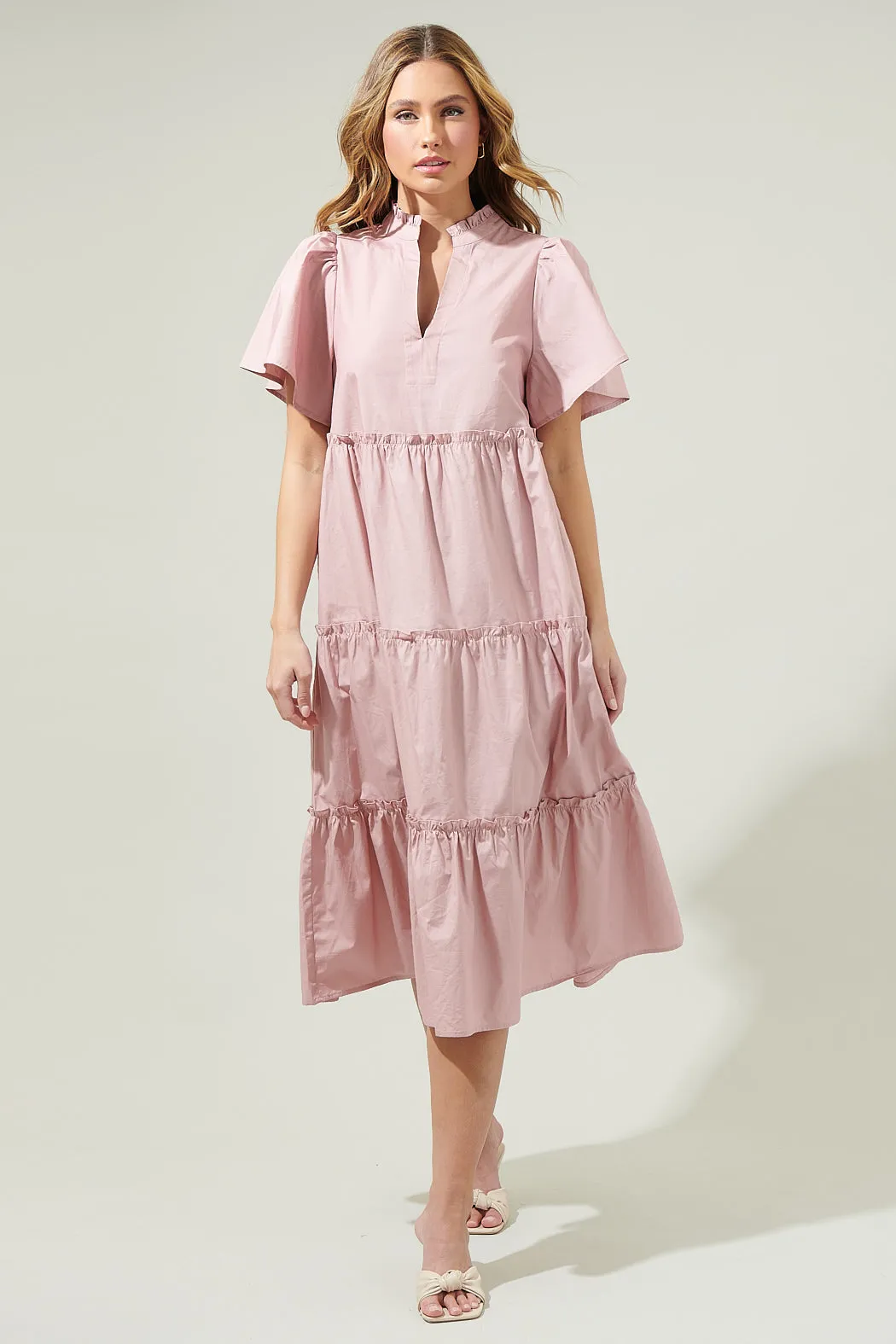 Noelle Split Neck Poplin Tiered Midi Dress