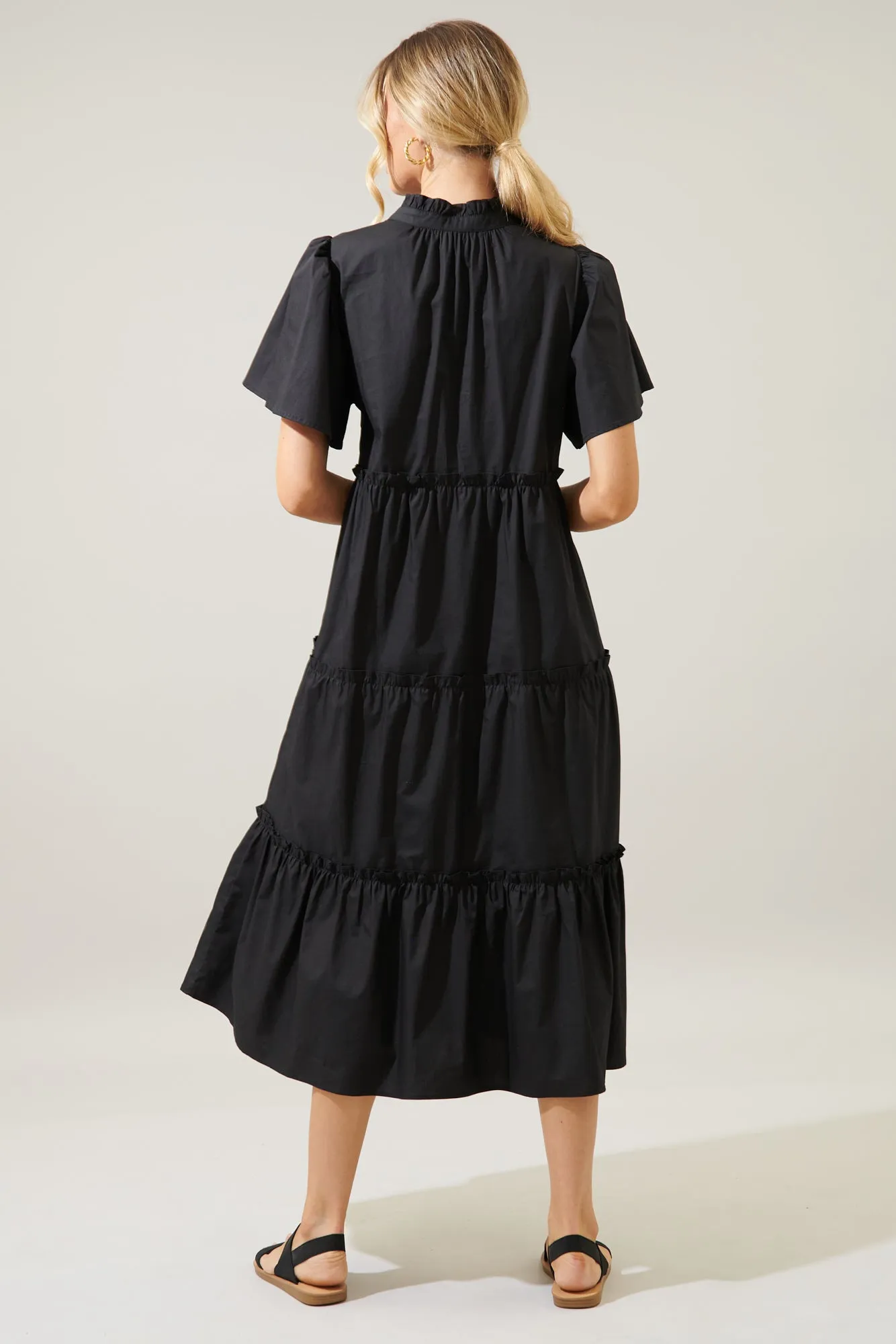 Noelle Split Neck Poplin Tiered Midi Dress