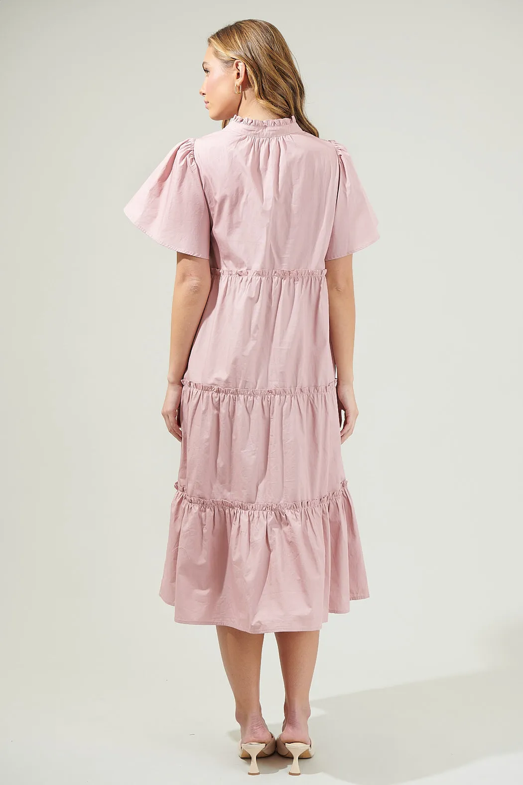 Noelle Split Neck Poplin Tiered Midi Dress