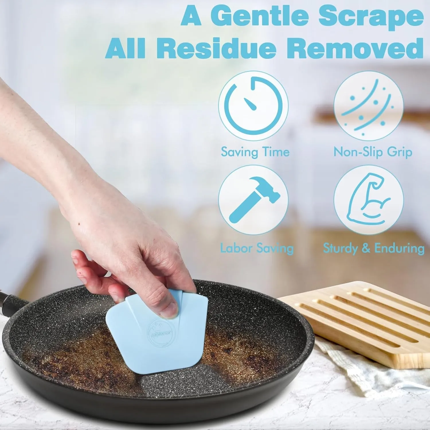 Pan Scraper Dish Scraper Tool - Pot Scraper Plastic for Cast Iron Skillet Cookware Cleaning, 3 Pcs Non Scratch Plastic Food Scraper Tool Kitchen, Heat Resistant Kitchen Scraper, Blue