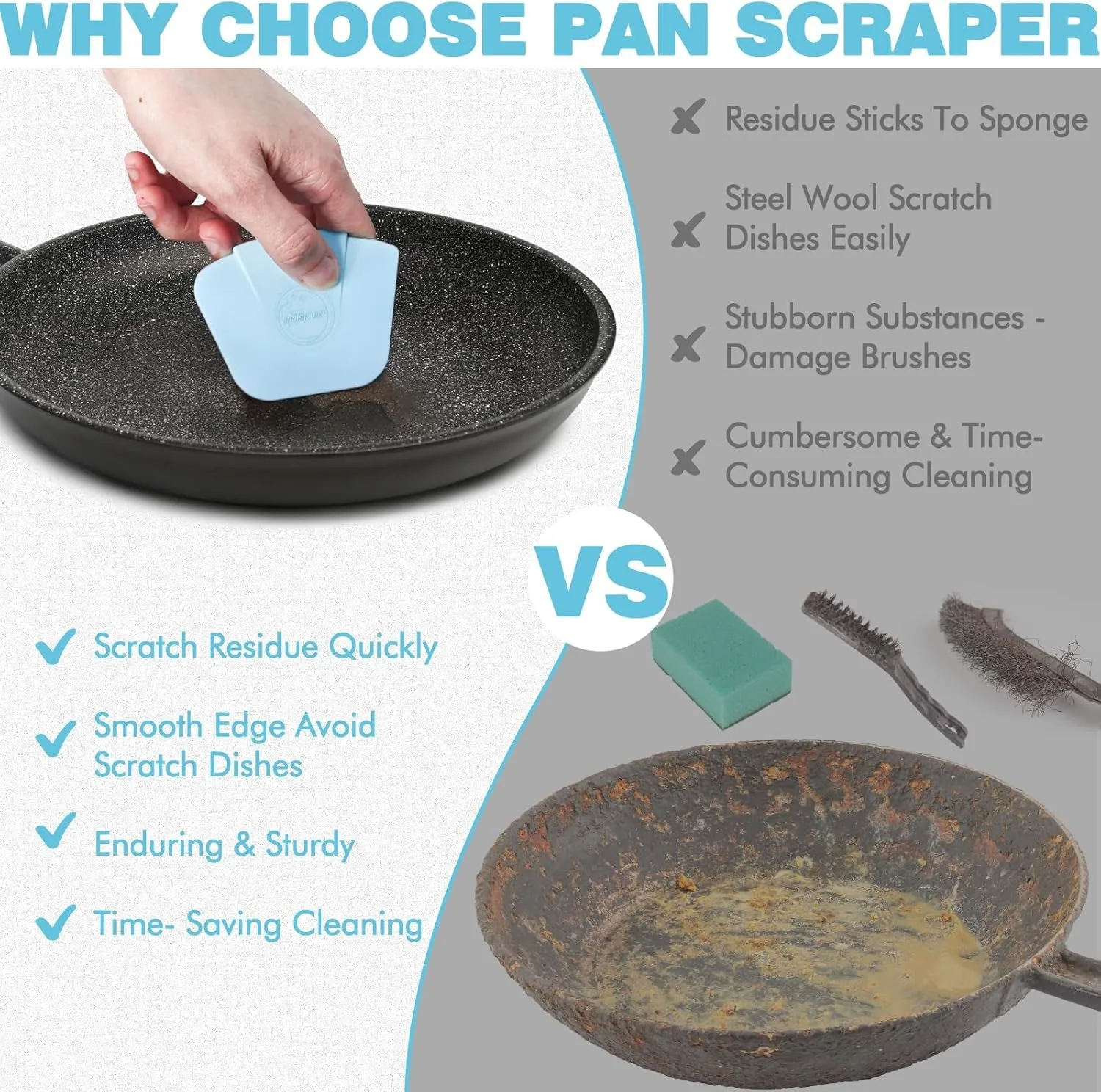 Pan Scraper Dish Scraper Tool - Pot Scraper Plastic for Cast Iron Skillet Cookware Cleaning, 3 Pcs Non Scratch Plastic Food Scraper Tool Kitchen, Heat Resistant Kitchen Scraper, Blue