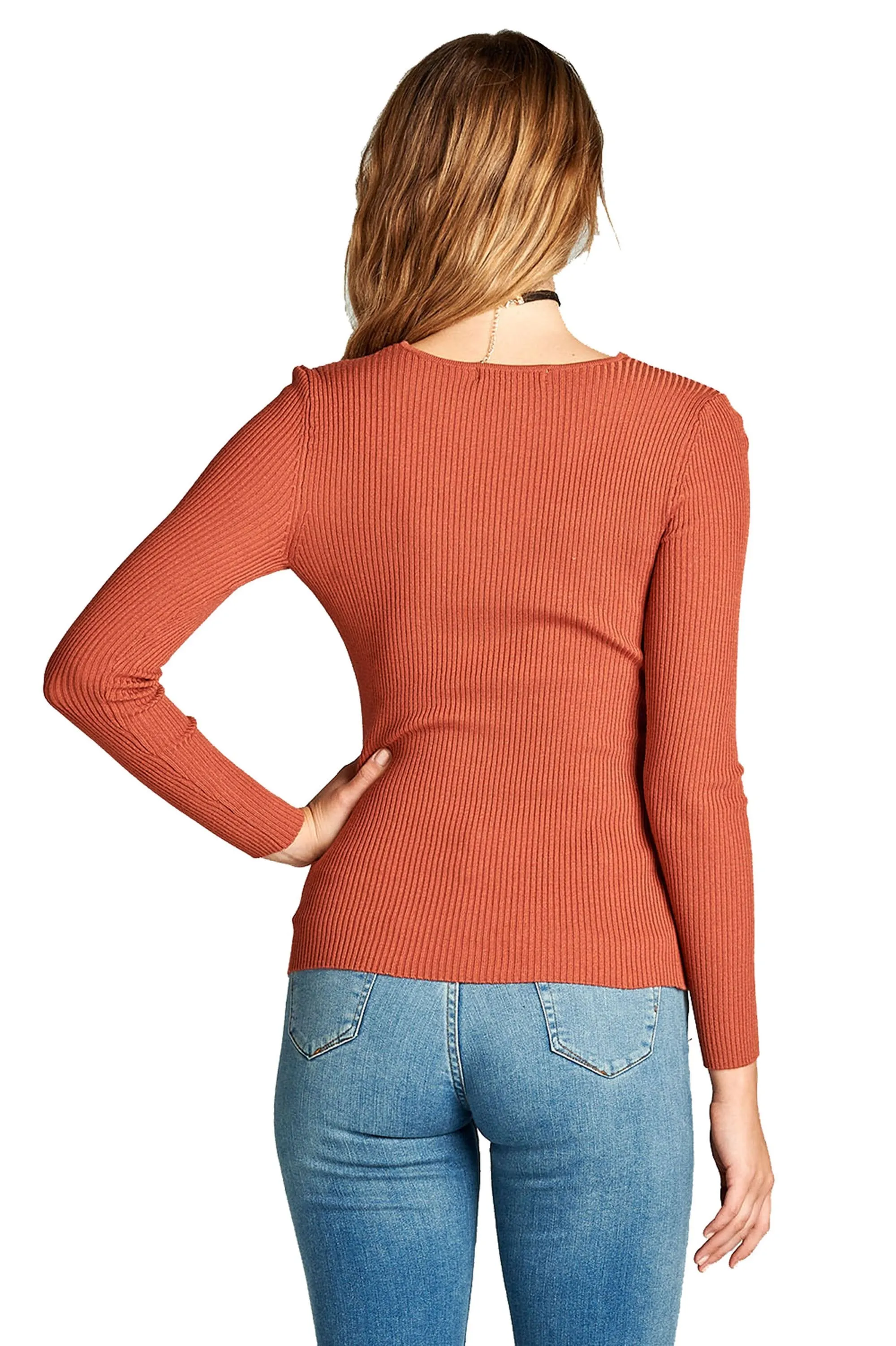 Plain Solid Stretch Fitted Long Sleeve V Neck Ribbed Knit Lightweight Sweater Top