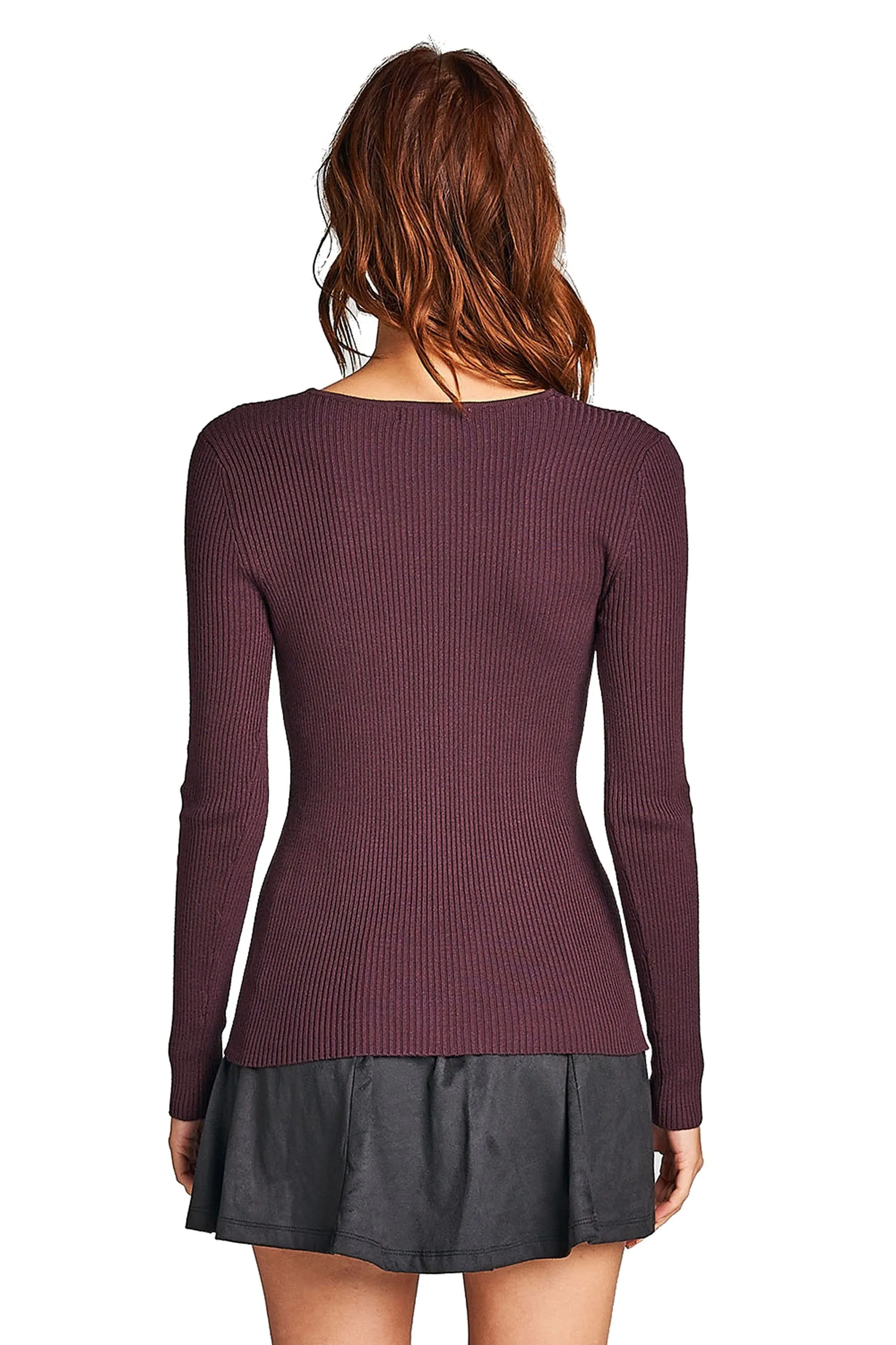 Plain Solid Stretch Fitted Long Sleeve V Neck Ribbed Knit Lightweight Sweater Top