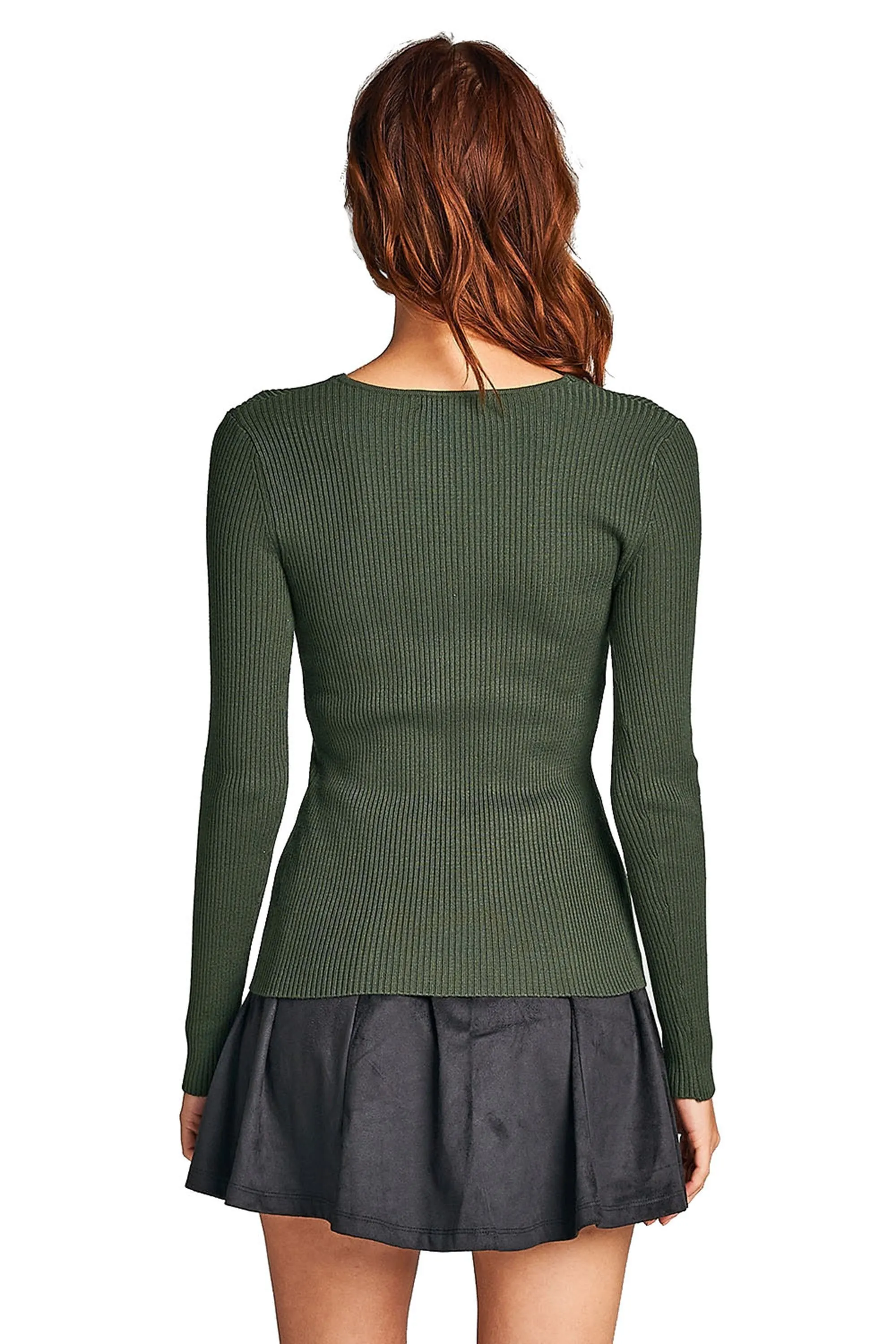 Plain Solid Stretch Fitted Long Sleeve V Neck Ribbed Knit Lightweight Sweater Top