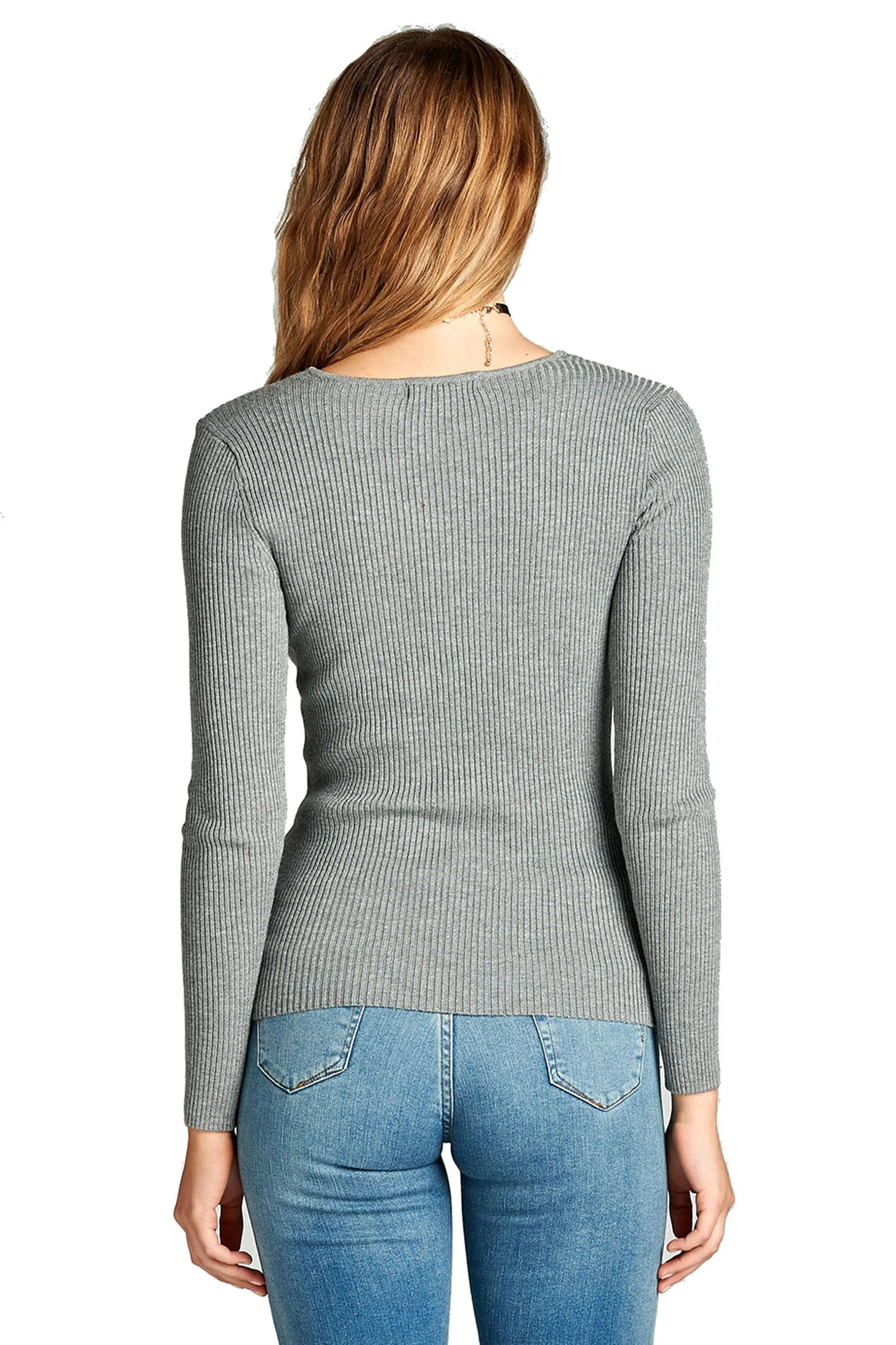 Plain Solid Stretch Fitted Long Sleeve V Neck Ribbed Knit Lightweight Sweater Top