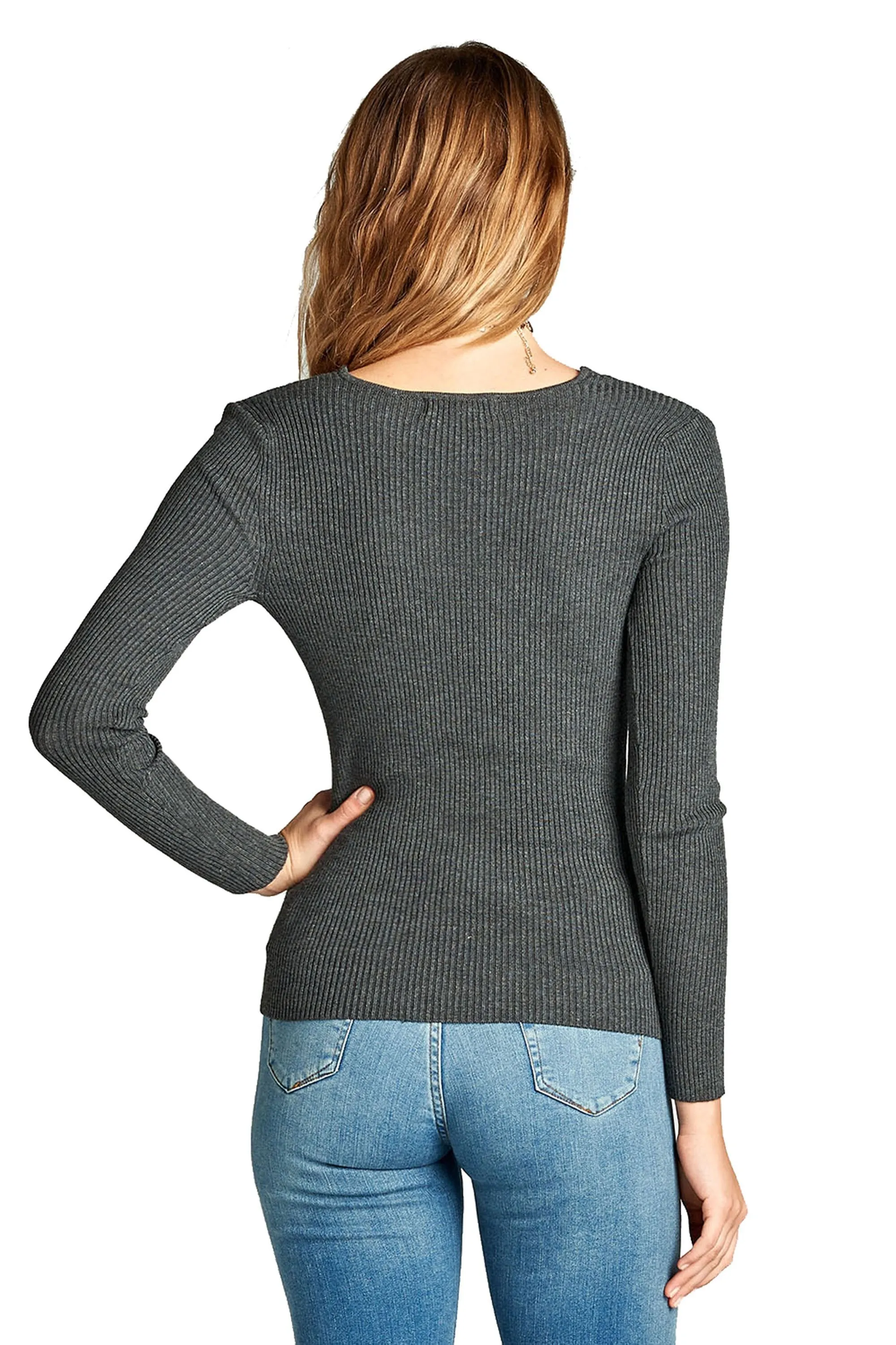 Plain Solid Stretch Fitted Long Sleeve V Neck Ribbed Knit Lightweight Sweater Top