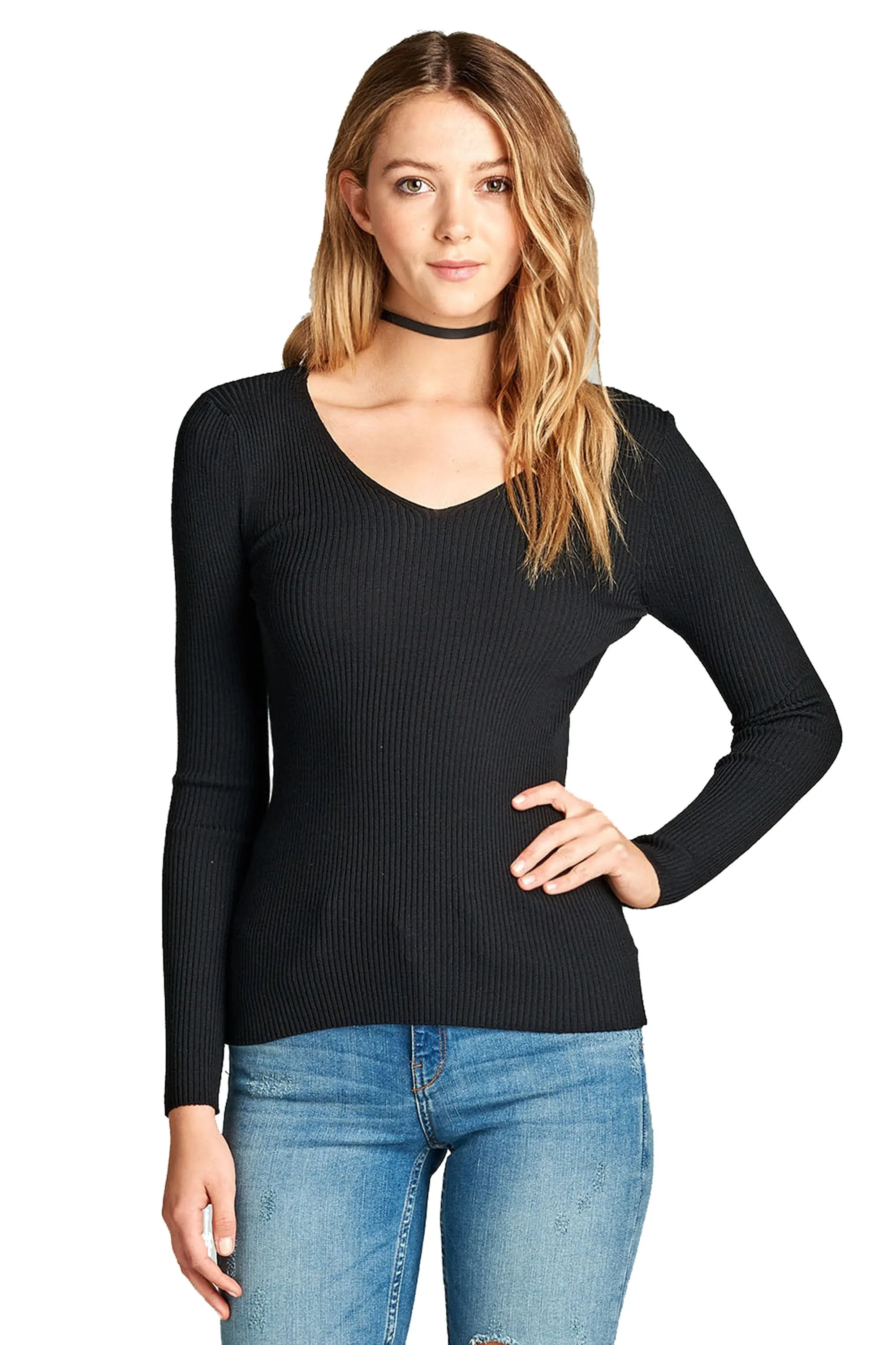 Plain Solid Stretch Fitted Long Sleeve V Neck Ribbed Knit Lightweight Sweater Top