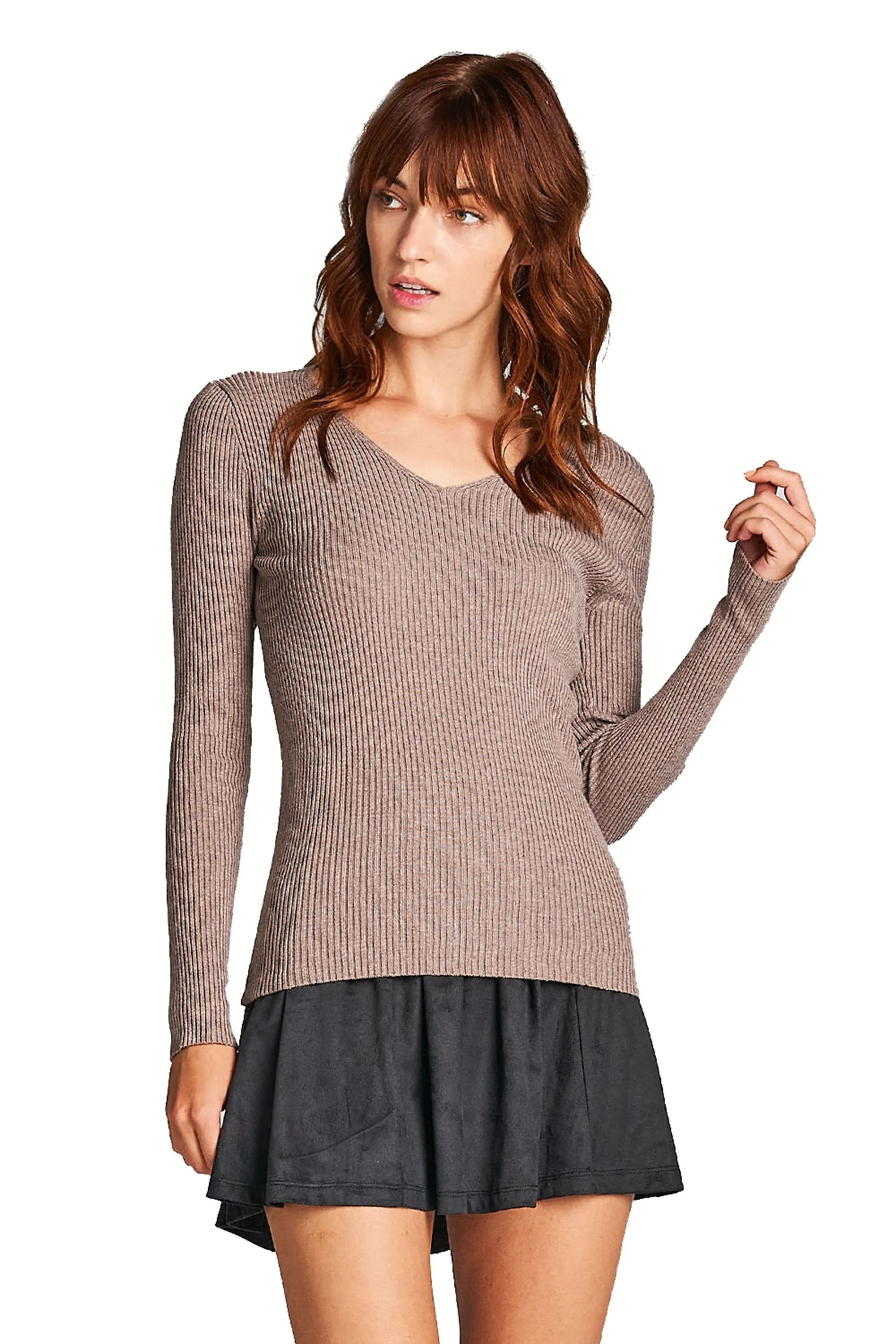 Plain Solid Stretch Fitted Long Sleeve V Neck Ribbed Knit Lightweight Sweater Top