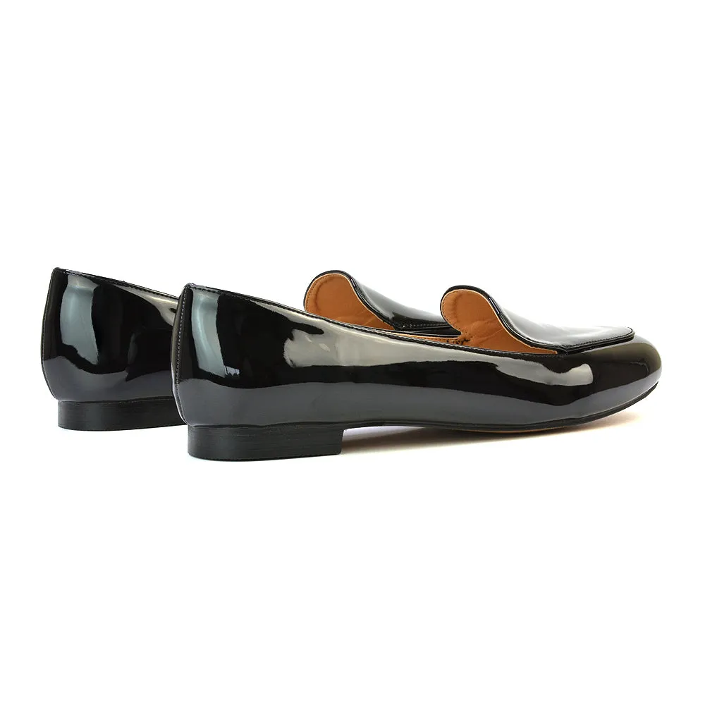 Quincy Slip On Low Heel Back to School Shoes Pumps Loafers in Black Patent