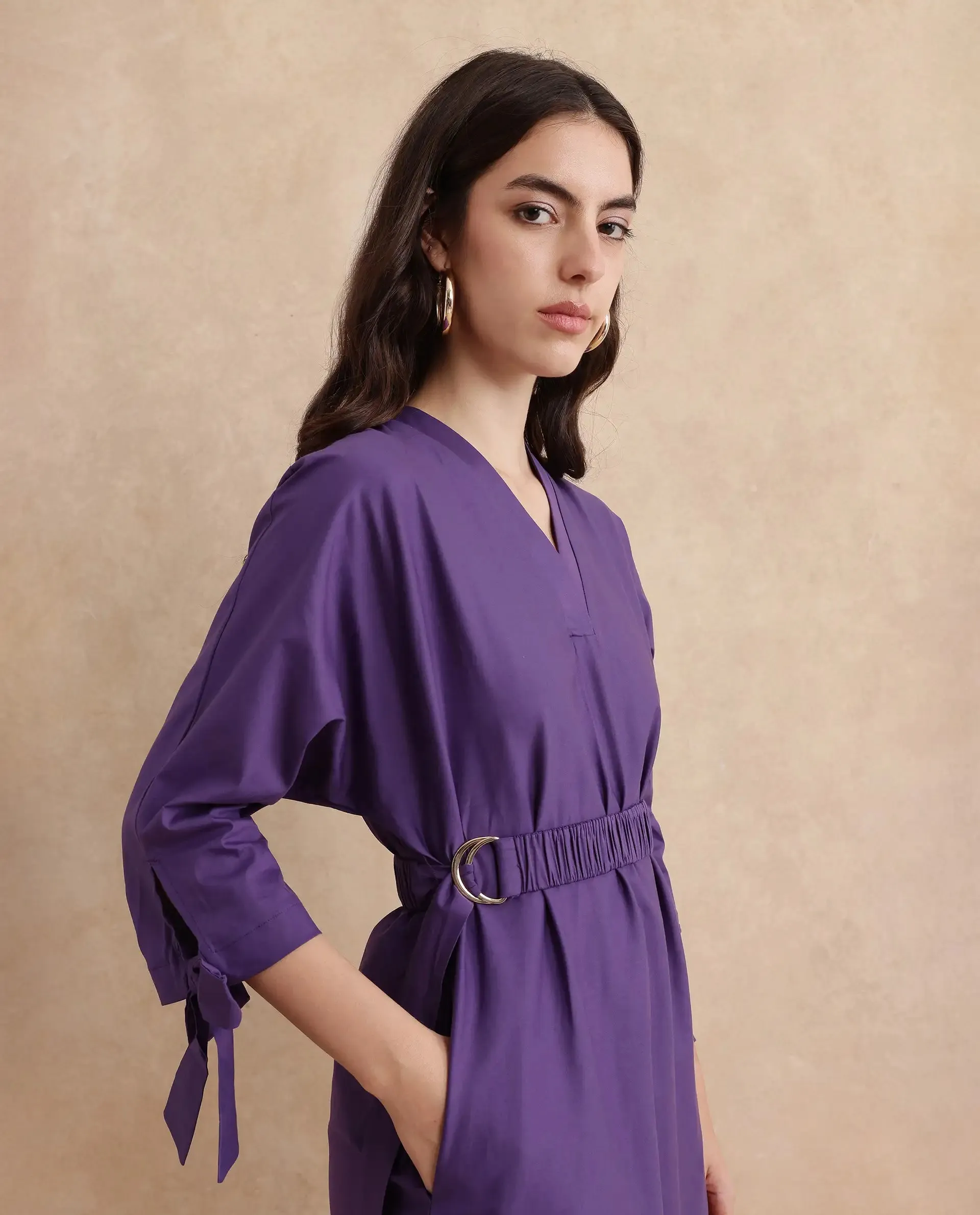 Rareism Women Buyn Purple Tie Up Sleeves V-Neck Flared Midi Plain Dress