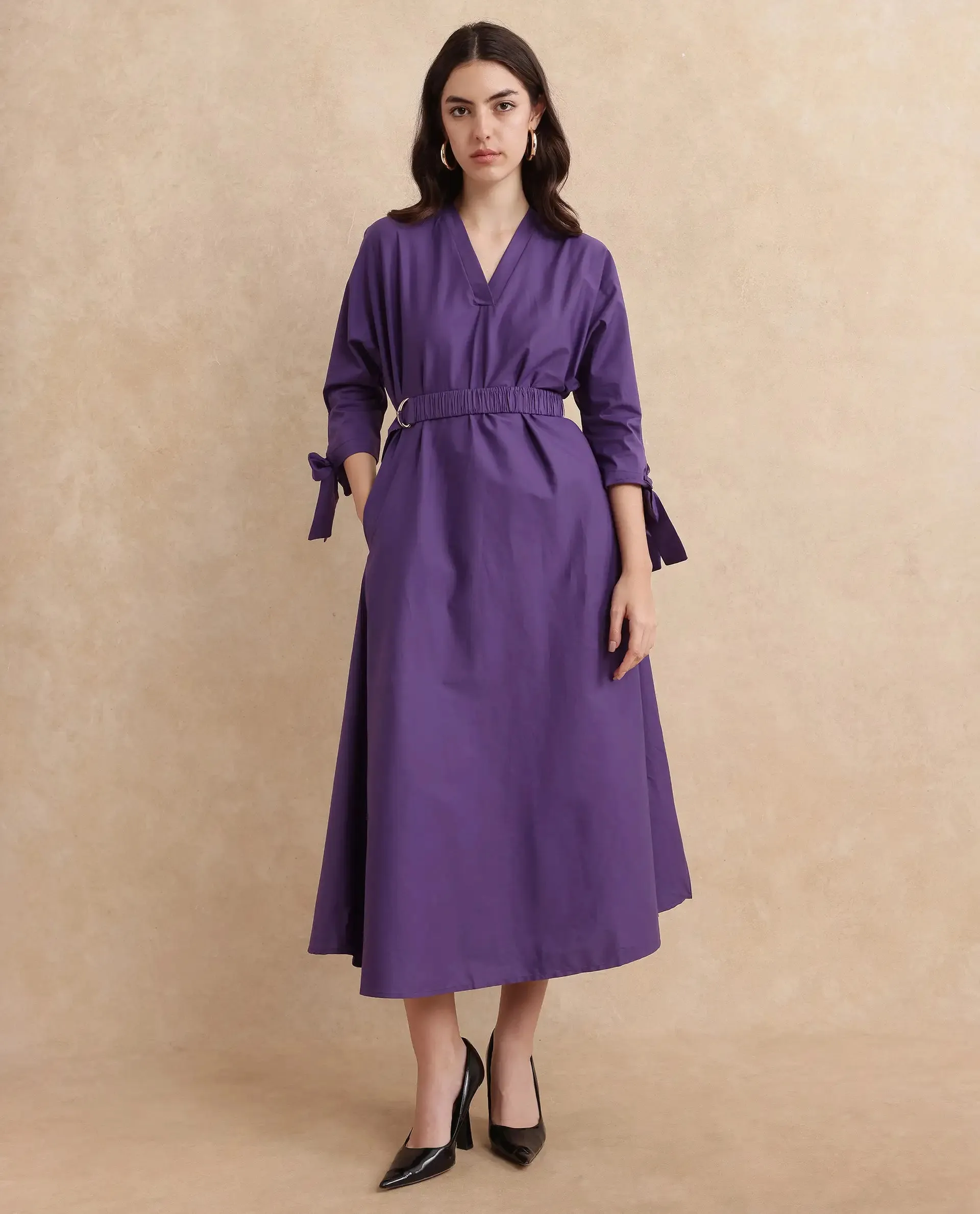 Rareism Women Buyn Purple Tie Up Sleeves V-Neck Flared Midi Plain Dress