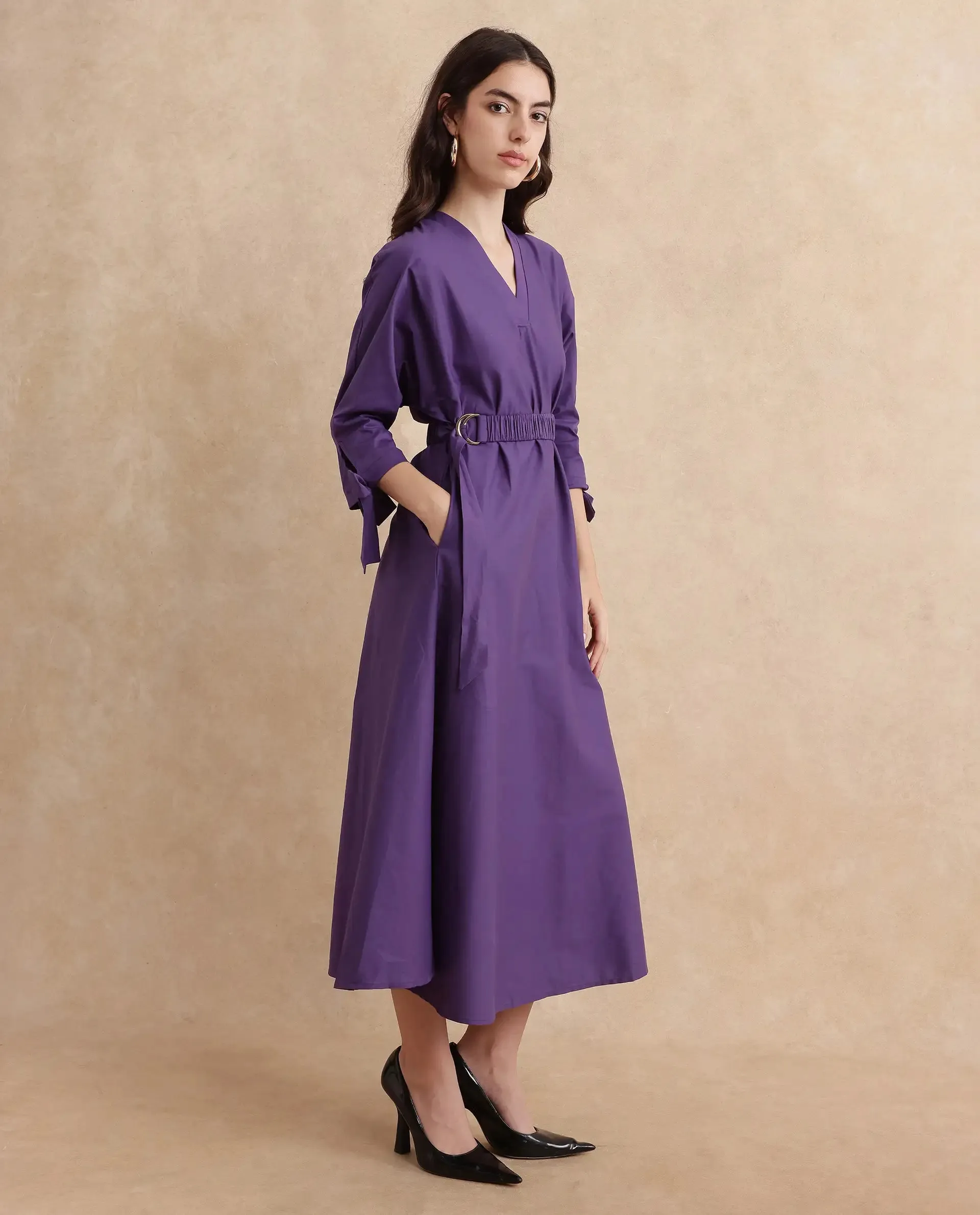 Rareism Women Buyn Purple Tie Up Sleeves V-Neck Flared Midi Plain Dress