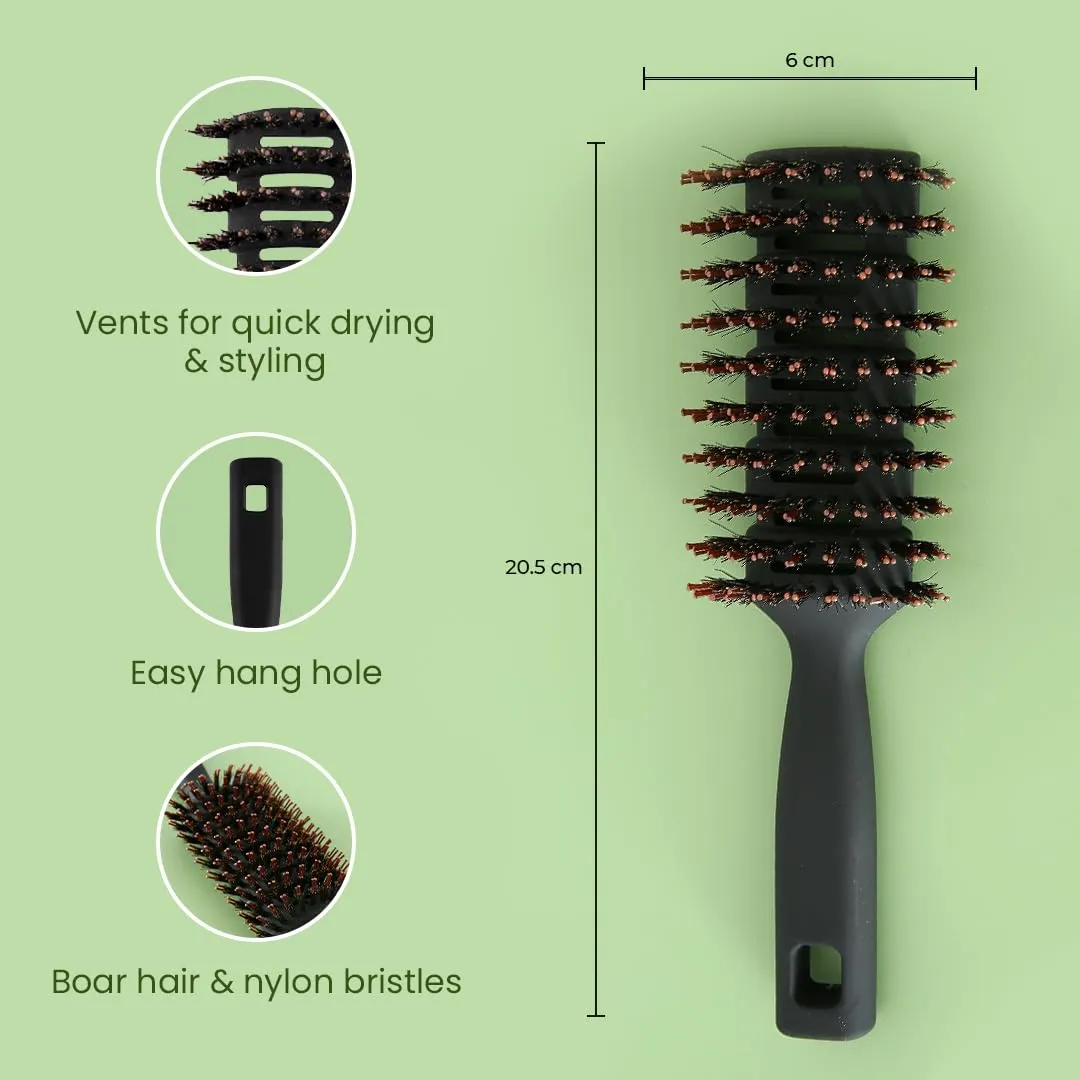 Rey Naturals Round Vented Hair Brush for men and women | Quick Drying & Pain Free Detangling | hair care products | Hair comb | Flexible Nylon Bristles (Black)