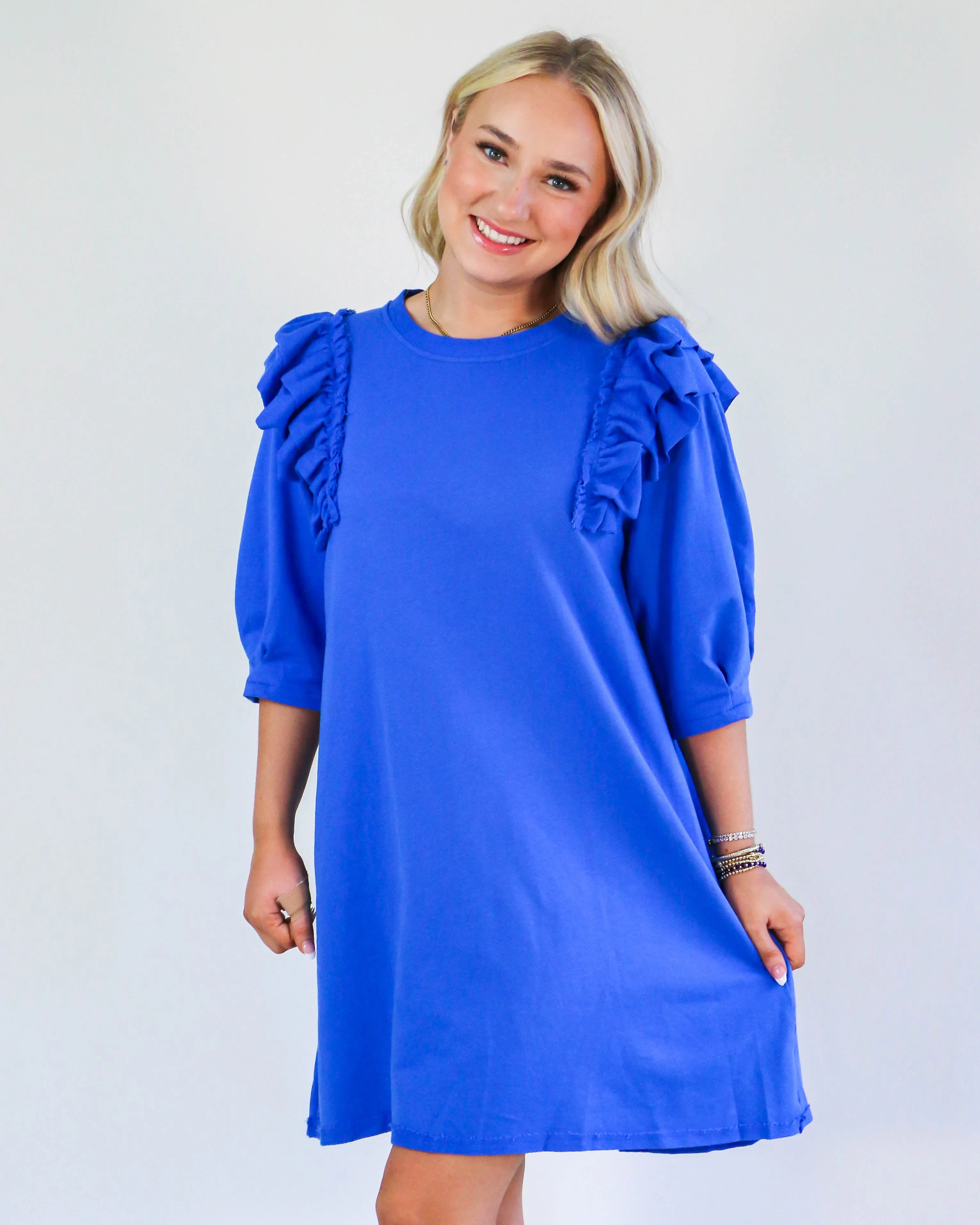 Ruffle Sleeve Round Neck Dress in Blue