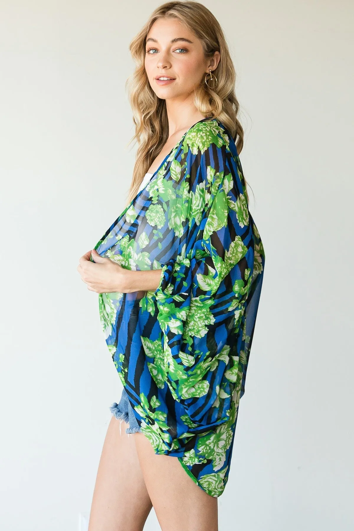 Stripes And Floral Print Lightweight Kimono