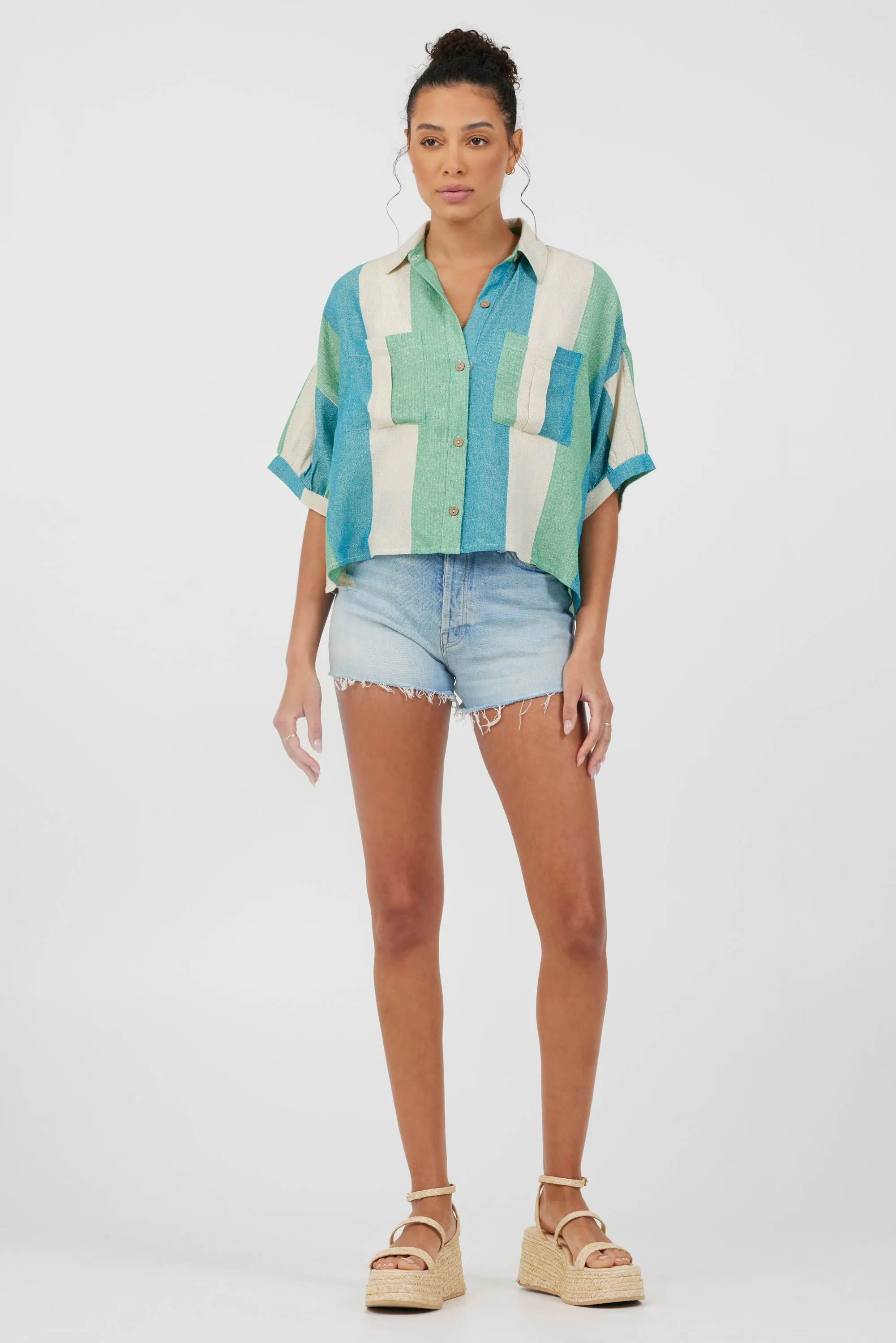 Teal Green & Metallic Stripe Lightweight Button Up