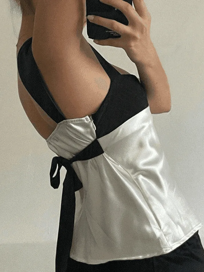 Tie Back Patchwork Satin Tank Top