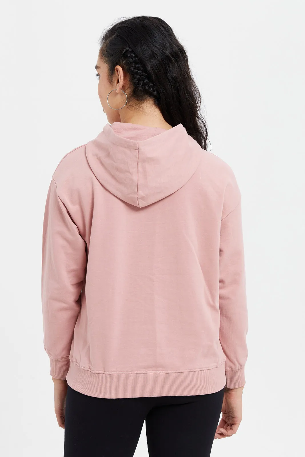 Women Pink Printed Hooded Sweatshirt