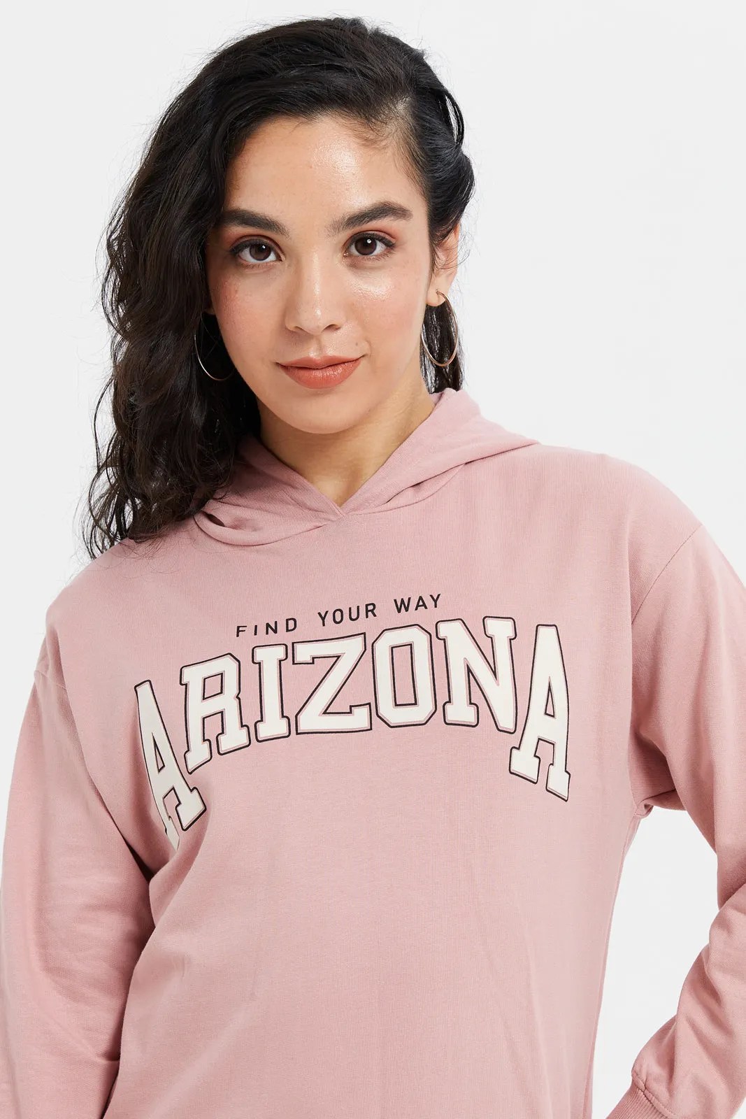 Women Pink Printed Hooded Sweatshirt