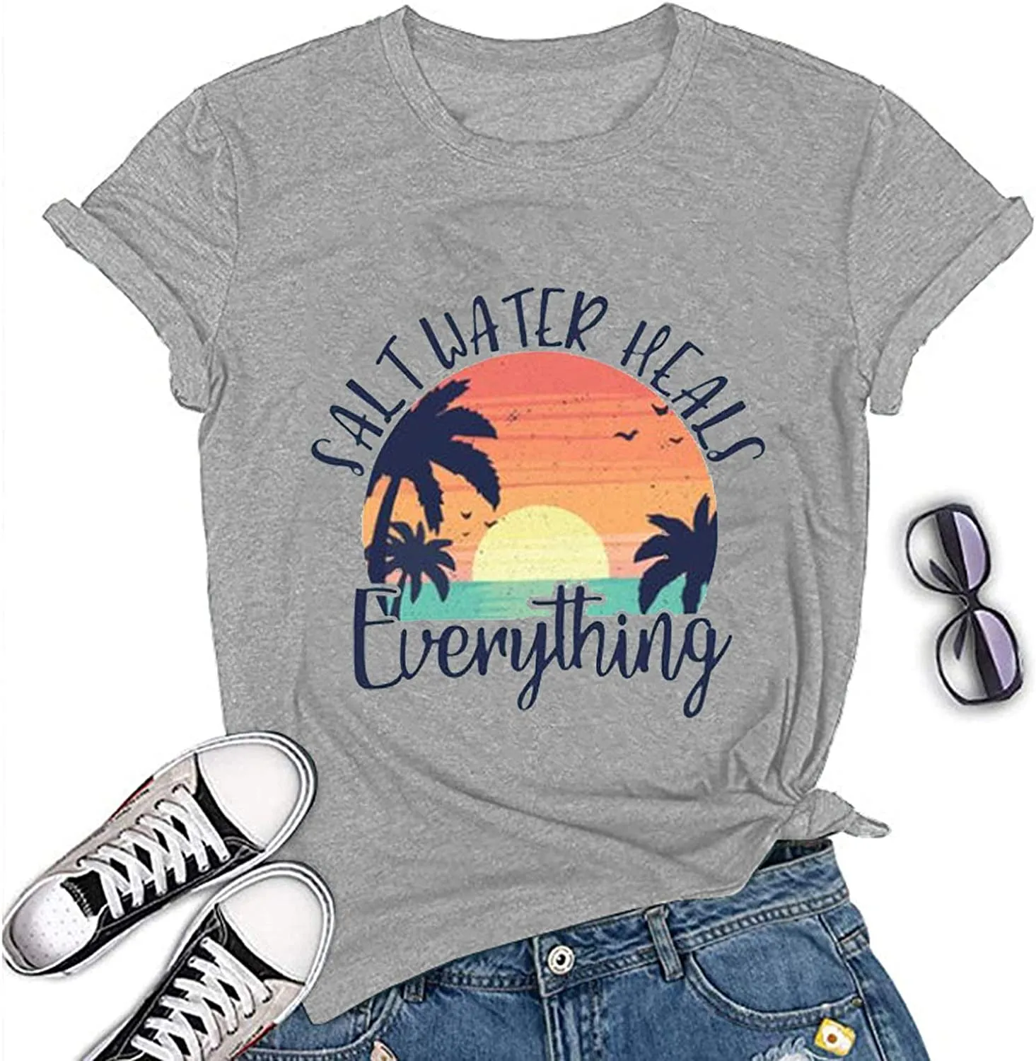 Women Salt Water Heals Everything T-Shirt Beach Graphic Tee