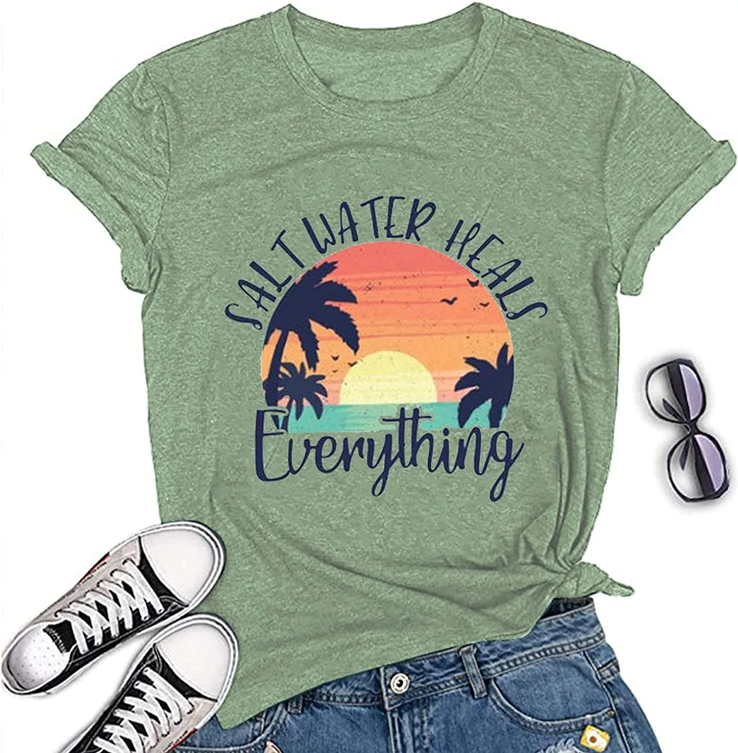 Women Salt Water Heals Everything T-Shirt Beach Graphic Tee