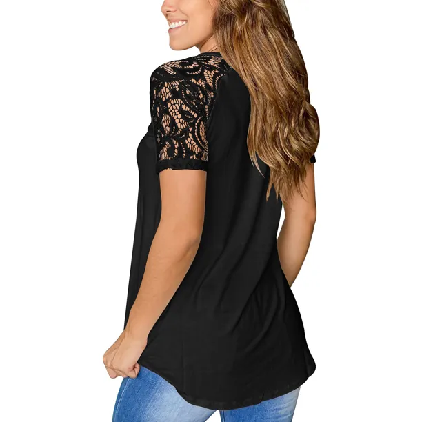 Women Summer Casual Tops Lace Sleeve Loose Blouse