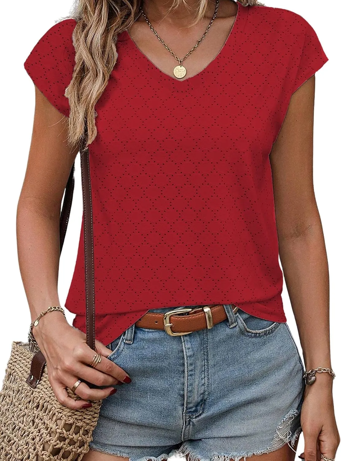 Zeagoo V Neck Eyelet T Shirts Cap Sleeve Tops