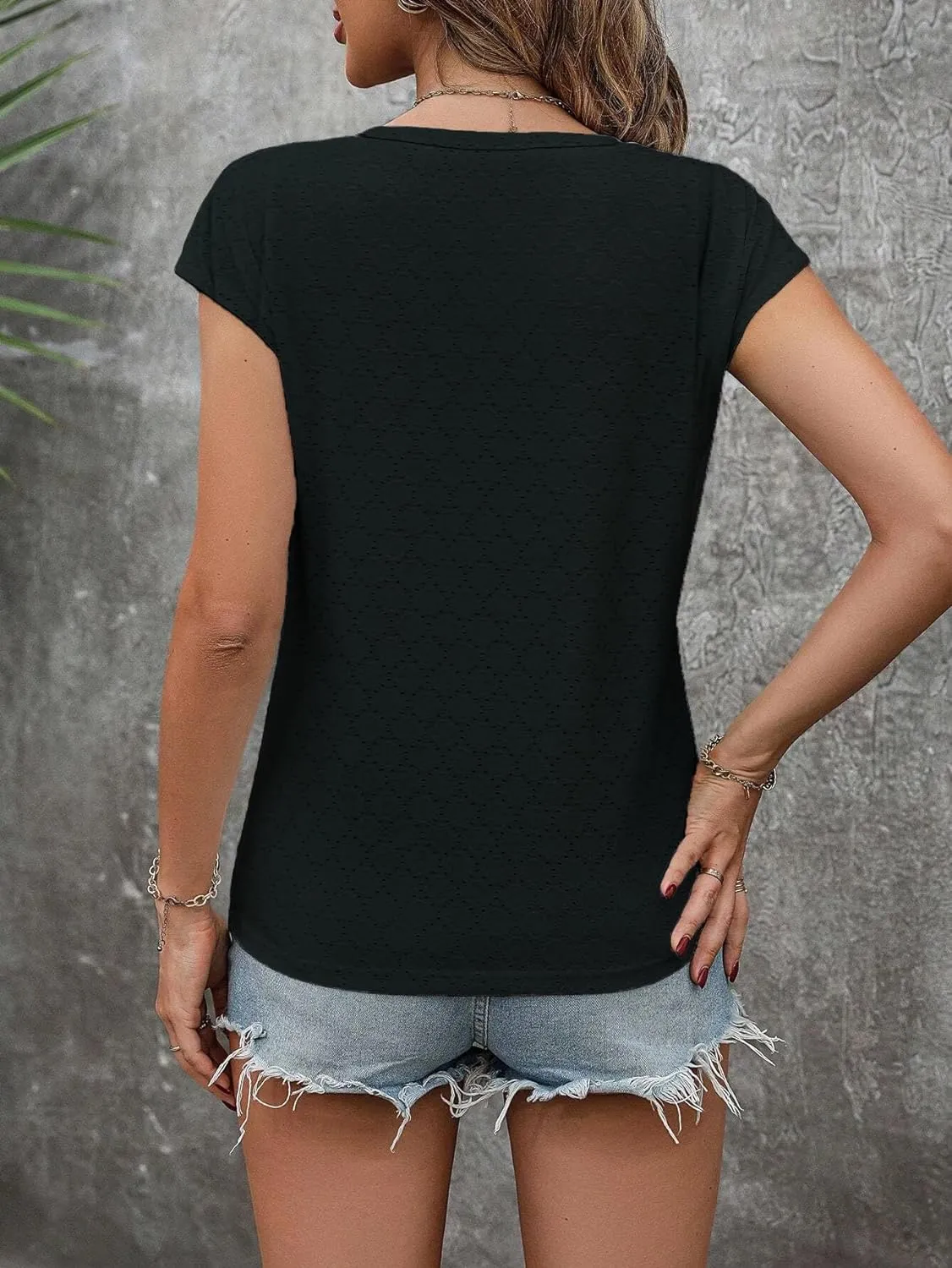 Zeagoo V Neck Eyelet T Shirts Cap Sleeve Tops