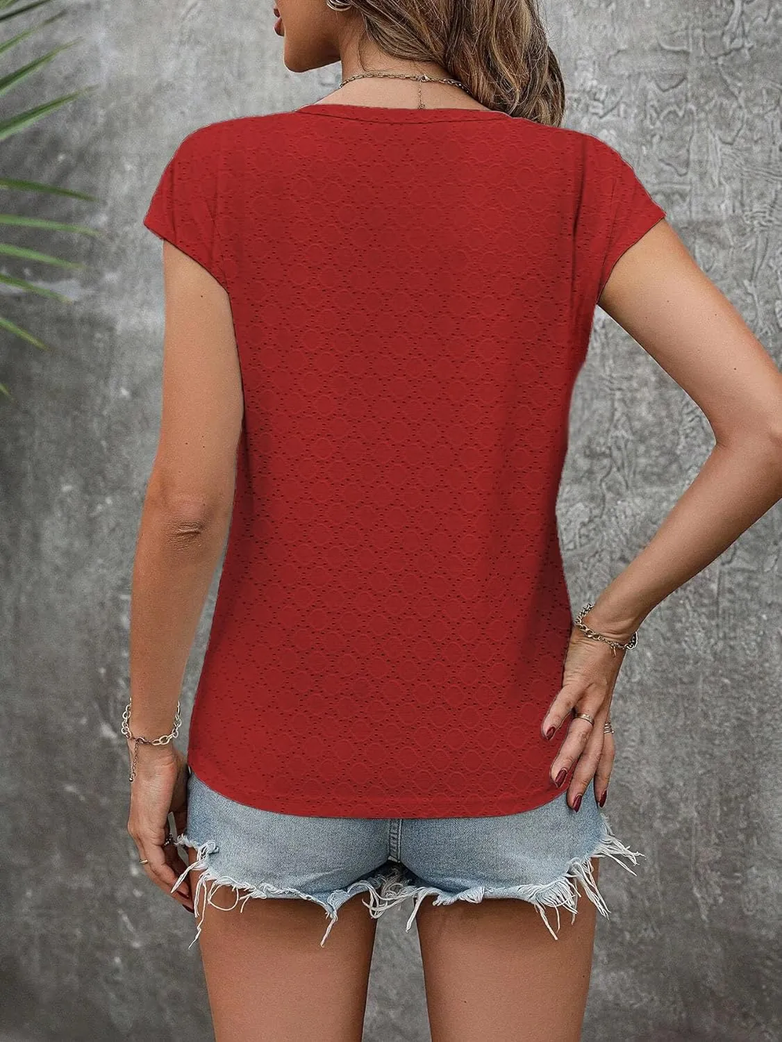 Zeagoo V Neck Eyelet T Shirts Cap Sleeve Tops