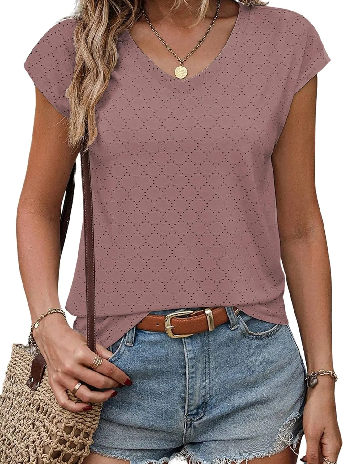 Zeagoo V Neck Eyelet T Shirts Cap Sleeve Tops