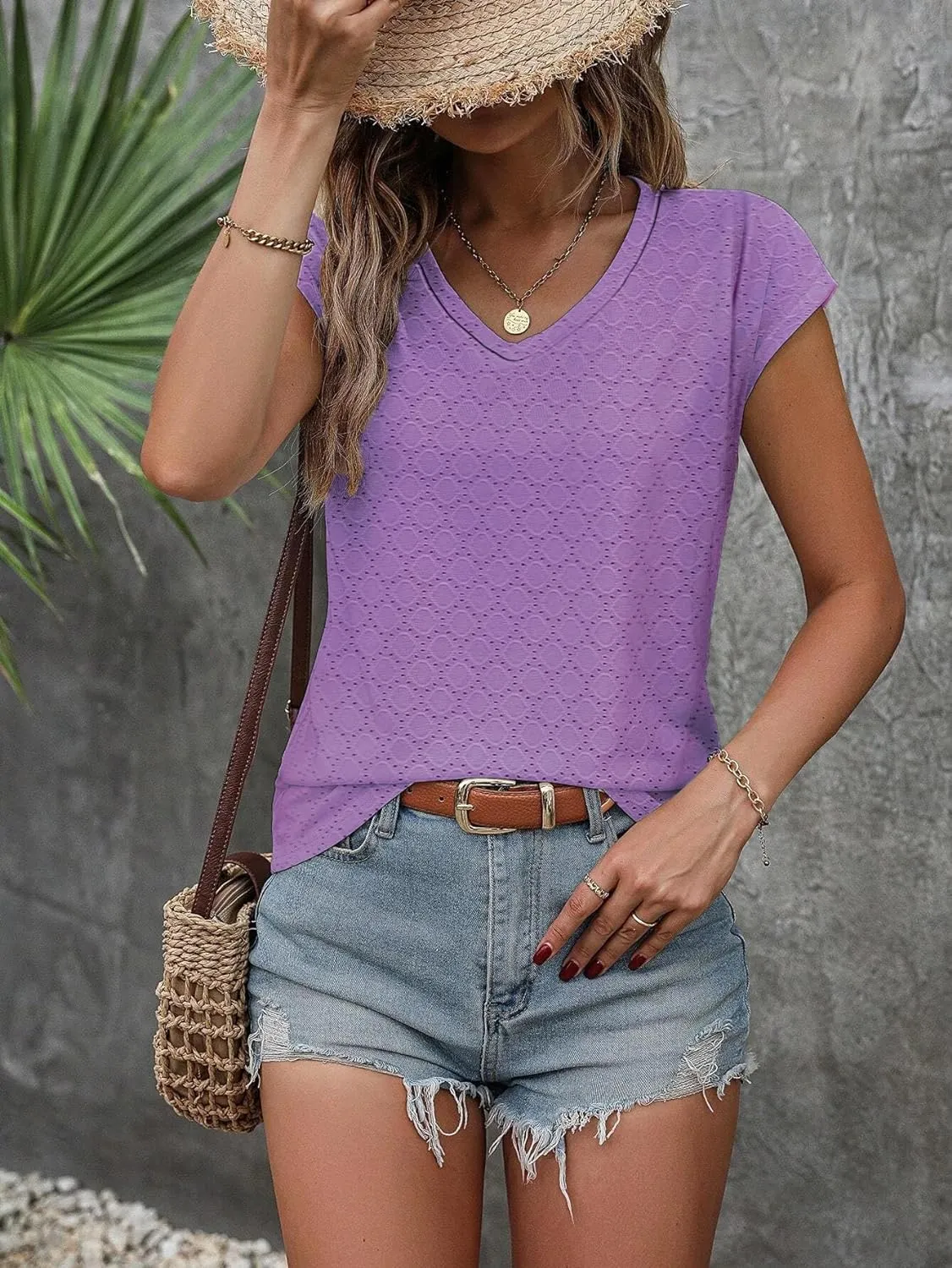 Zeagoo V Neck Eyelet T Shirts Cap Sleeve Tops