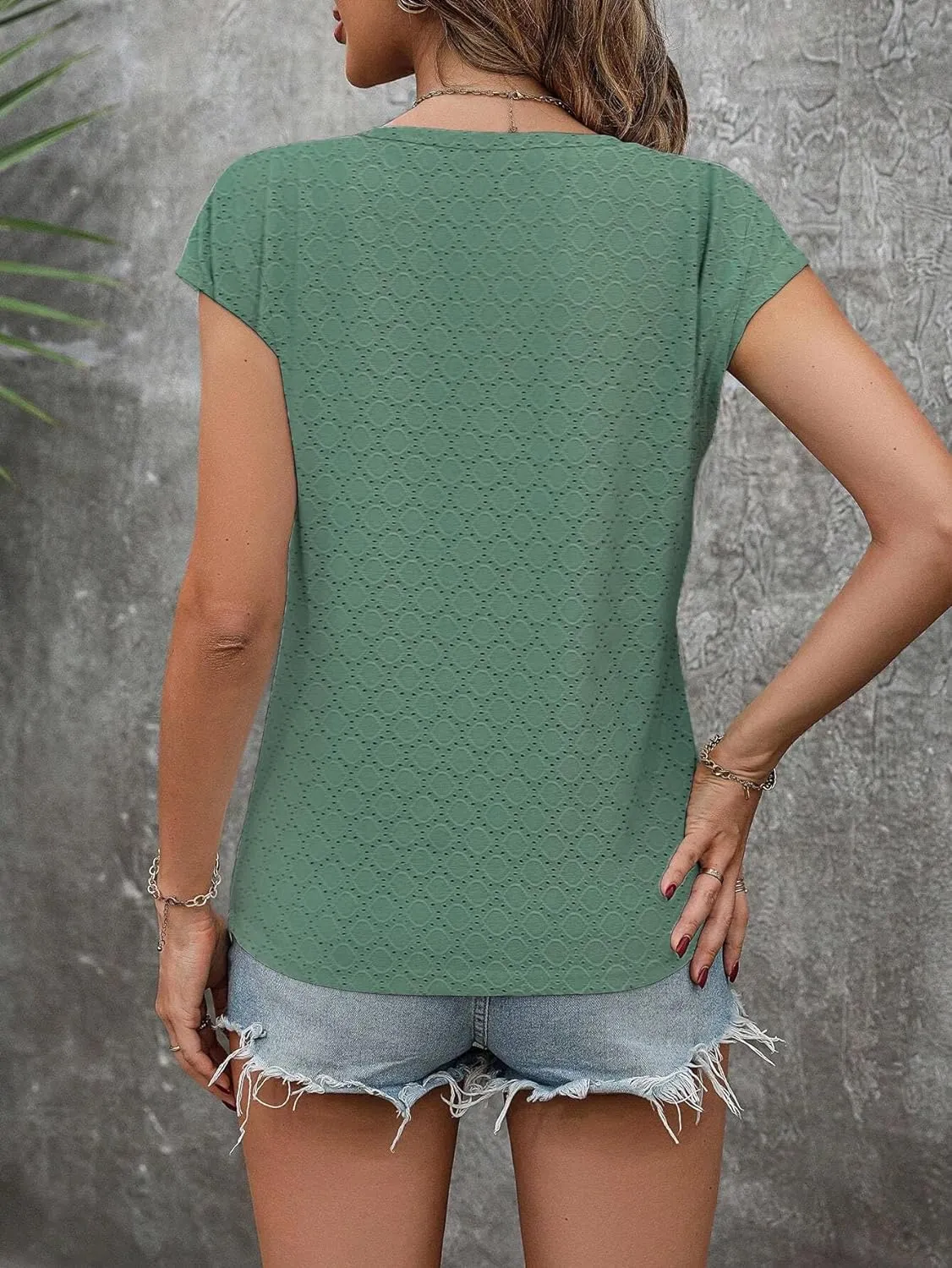 Zeagoo V Neck Eyelet T Shirts Cap Sleeve Tops