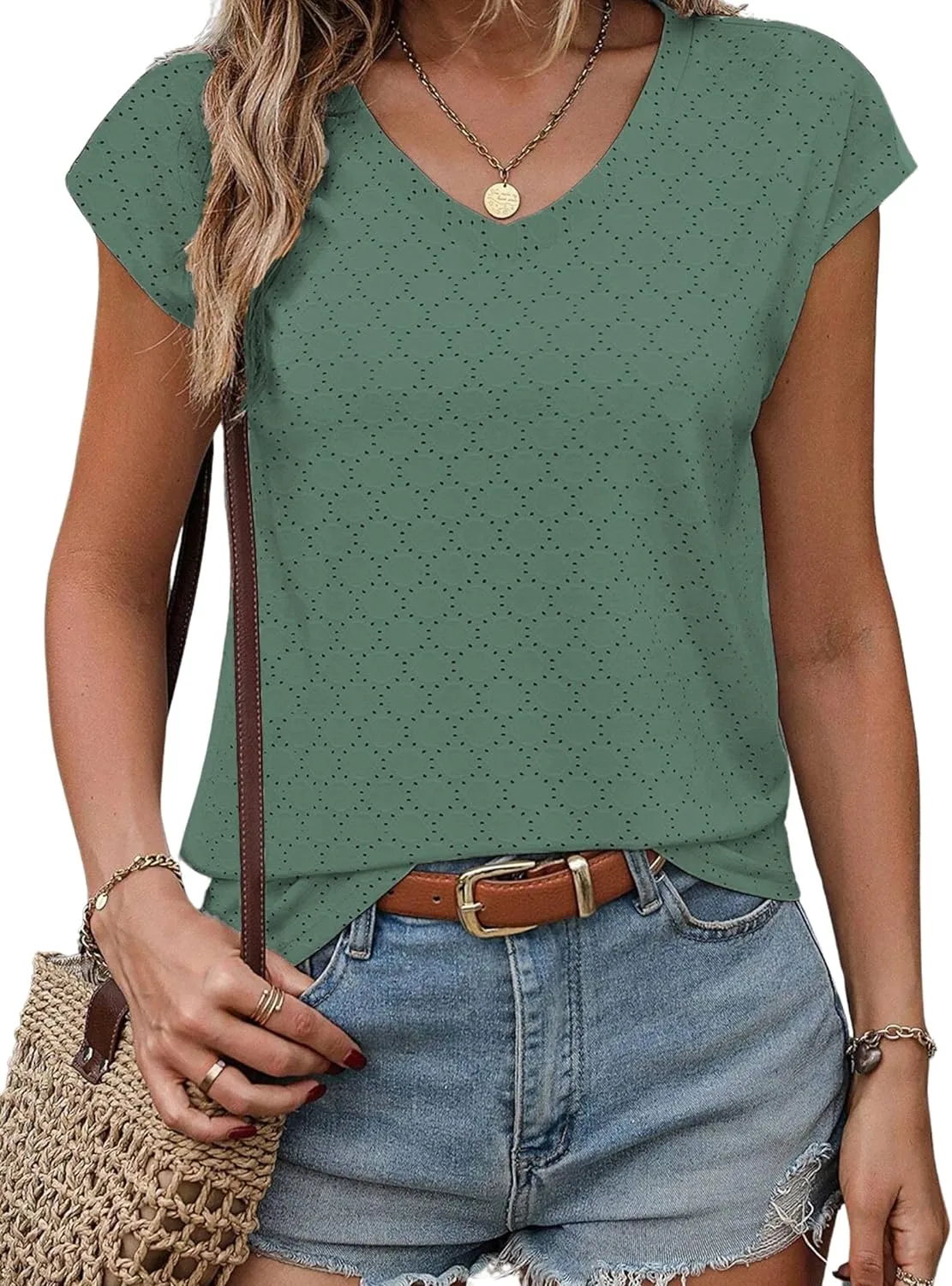 Zeagoo V Neck Eyelet T Shirts Cap Sleeve Tops