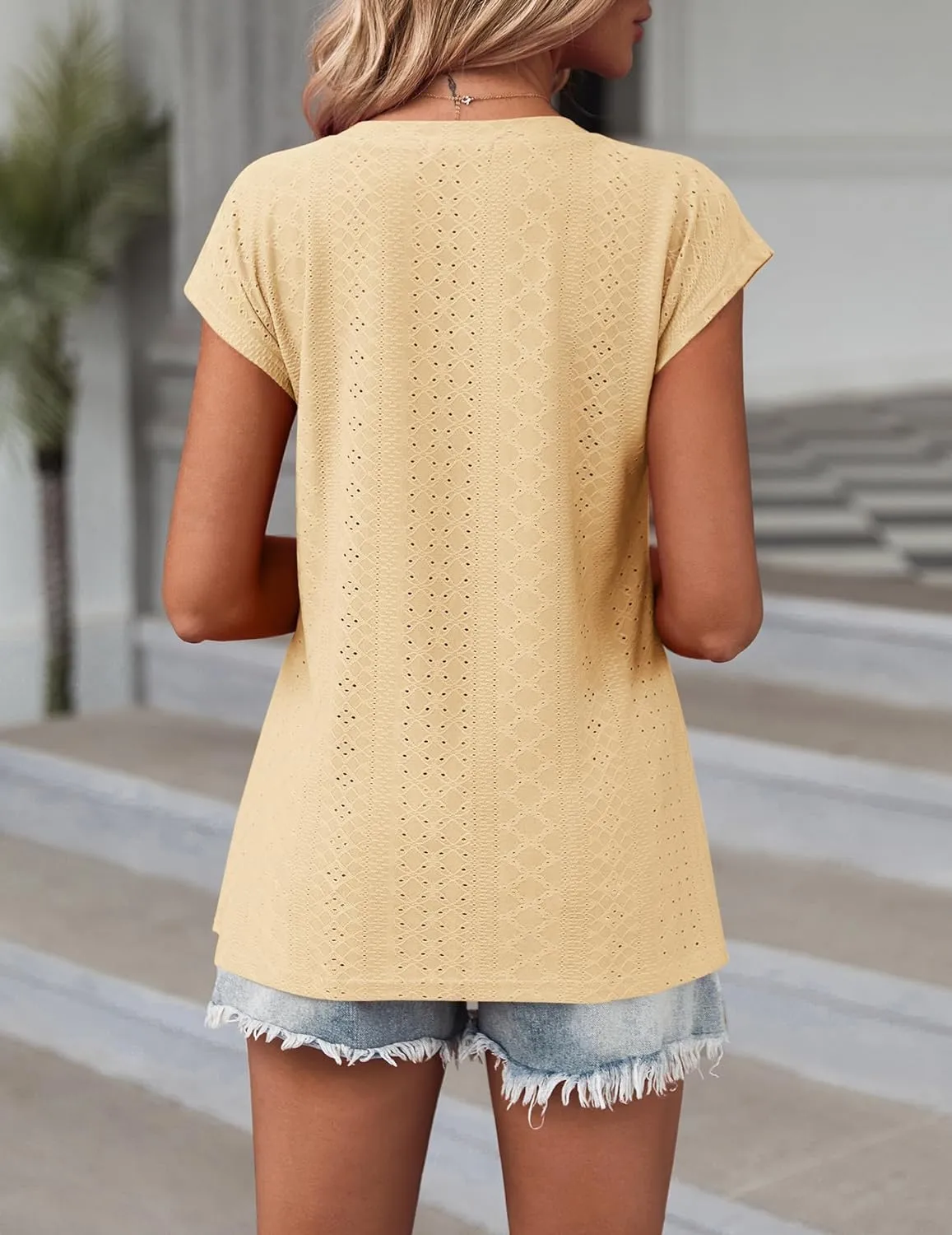 Zeagoo V Neck Eyelet T Shirts Cap Sleeve Tops