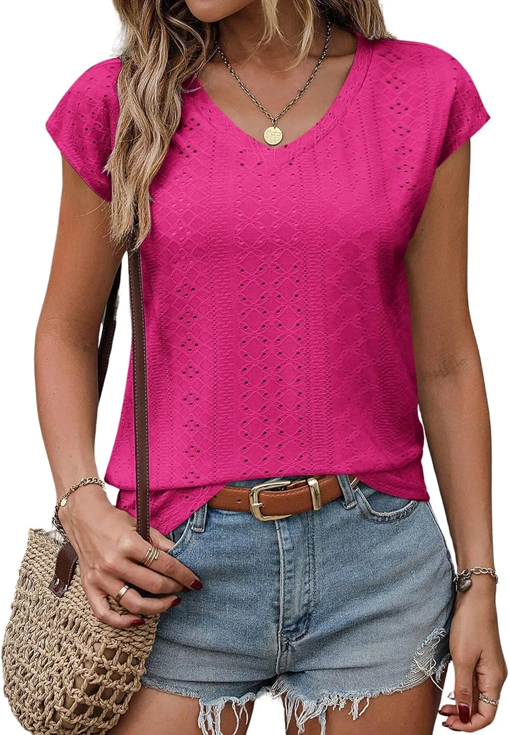 Zeagoo V Neck Eyelet T Shirts Cap Sleeve Tops