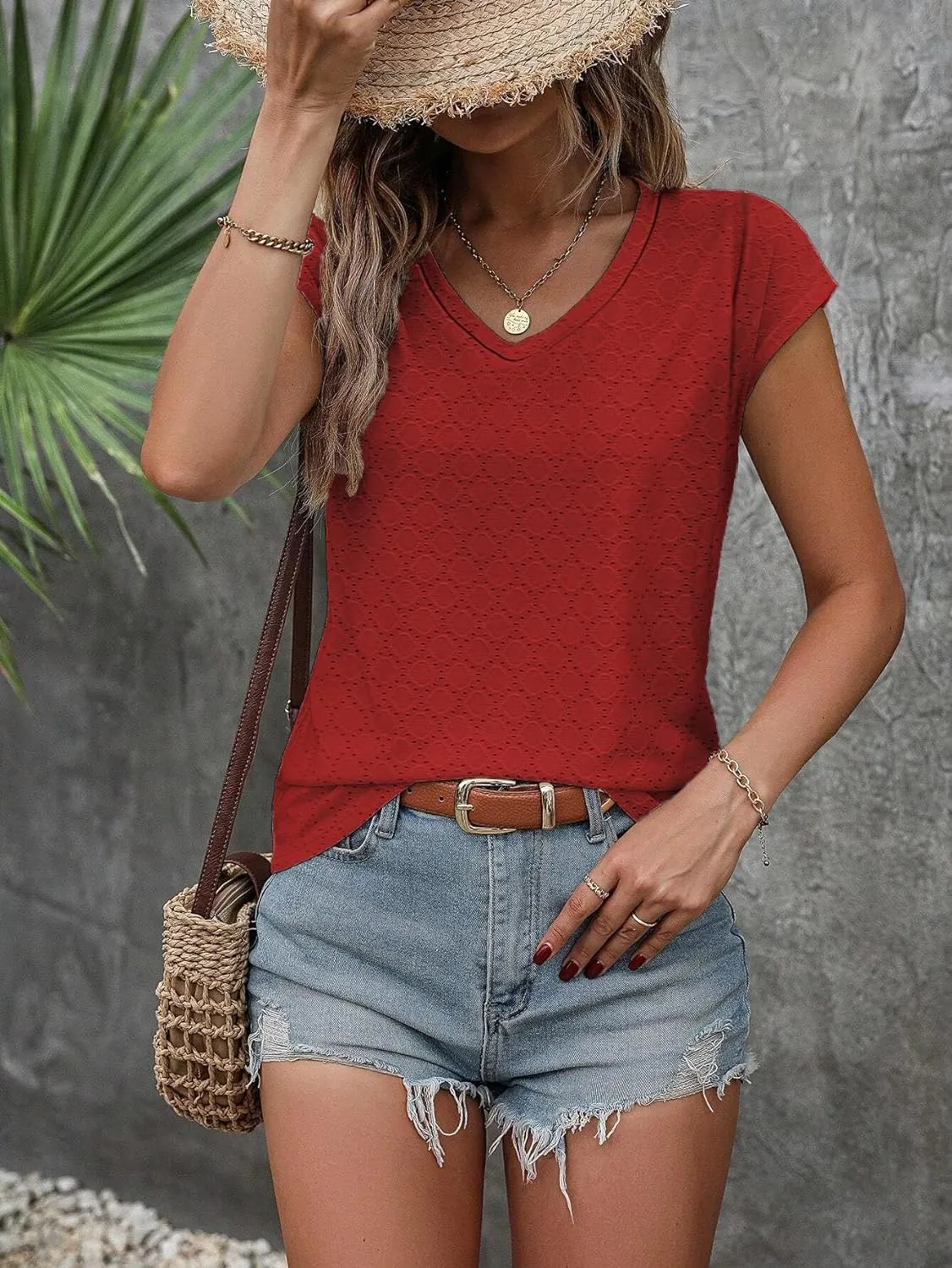 Zeagoo V Neck Eyelet T Shirts Cap Sleeve Tops