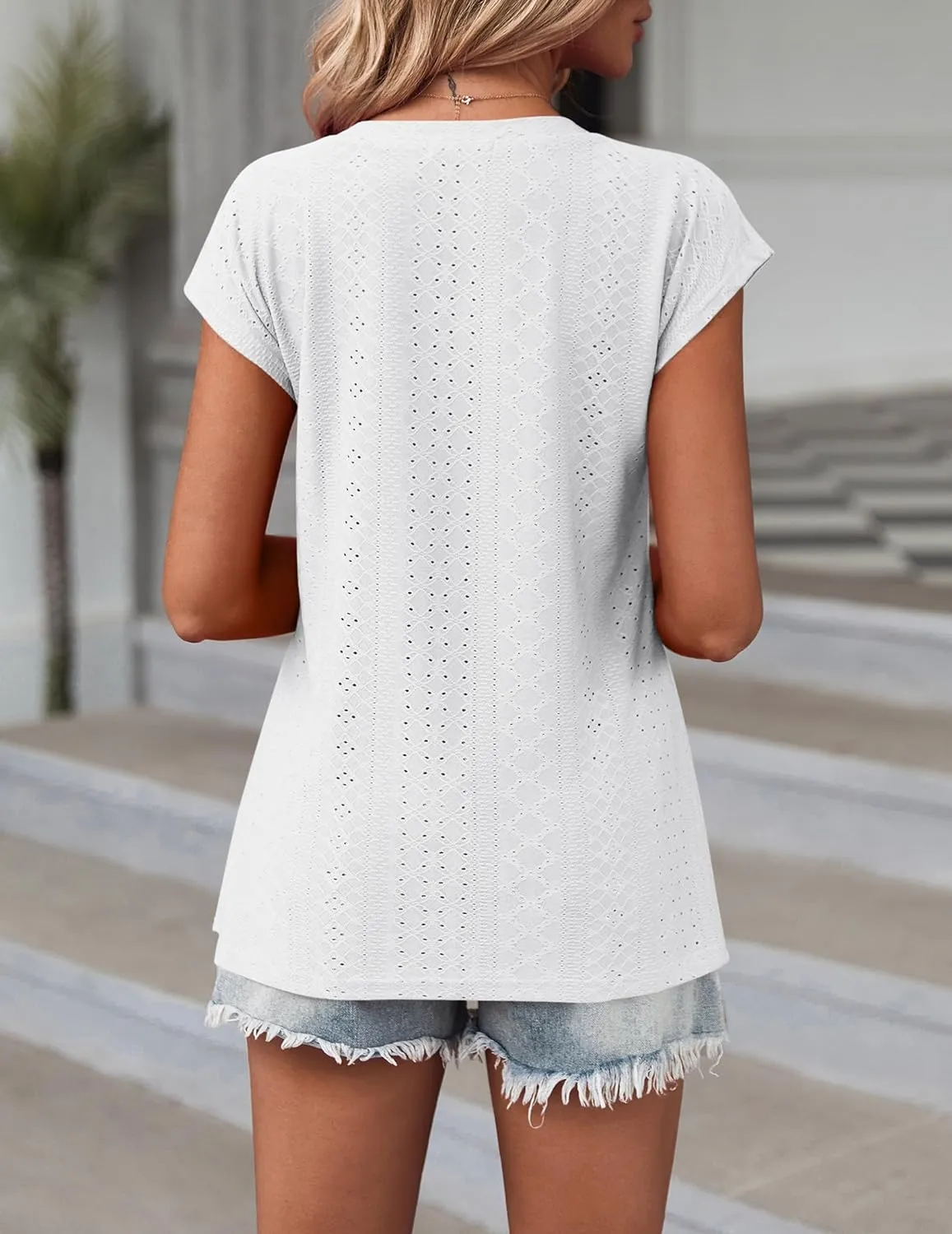 Zeagoo V Neck Eyelet T Shirts Cap Sleeve Tops